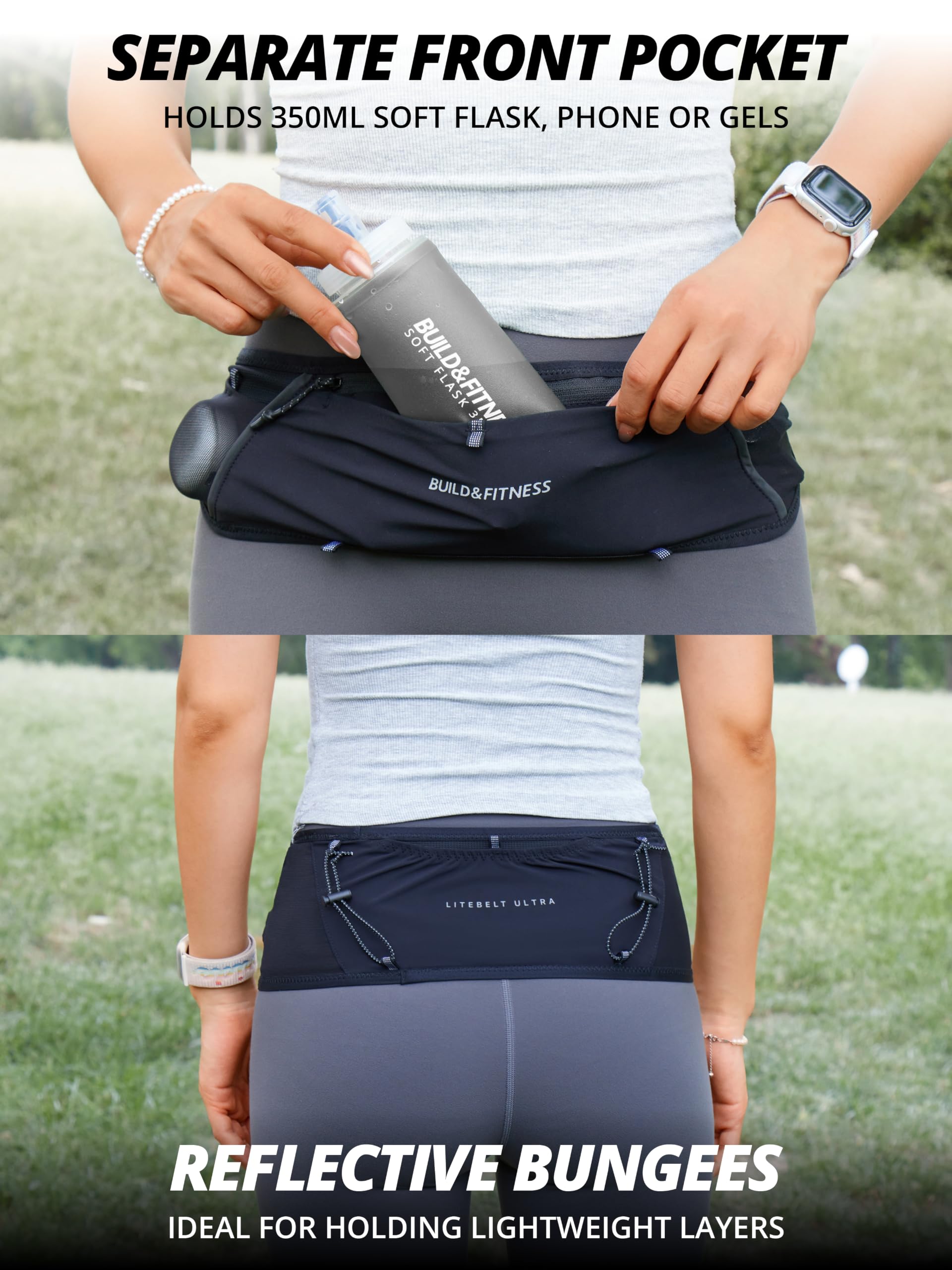 LITEBELT Ultra Laufgürtel mit Reißverschluss – Leicht, reflektierend, mit YKK-Reißverschluss für Handy, 5 Taschen von Oben für Gels, Trinkflasche und Schlüsselclip – Freihändiges Laufen, Größen XS–XL
