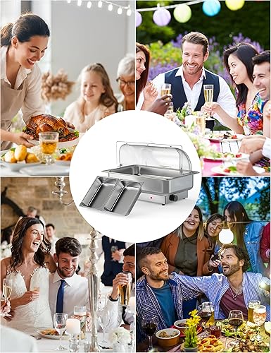 Miniatura 6 de Juego de bufé eléctrico de plato de roce de 9 cuartos de galón de acero inoxidable para alimentos y calentadores con 1 sartén de tamaño completo y 2
