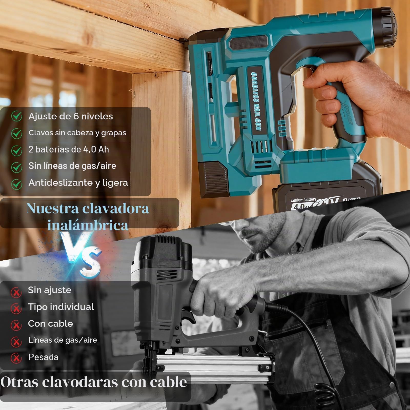 Clavadora Electrica Compatible con Baterías Makita de 18V, Actualización 2 en 1 18GA Pistola de Clavos con 2 Baterías de 4,0Ah y 1000 Clavos/Grapas, 6 Ajustes de Profundidad para Madera