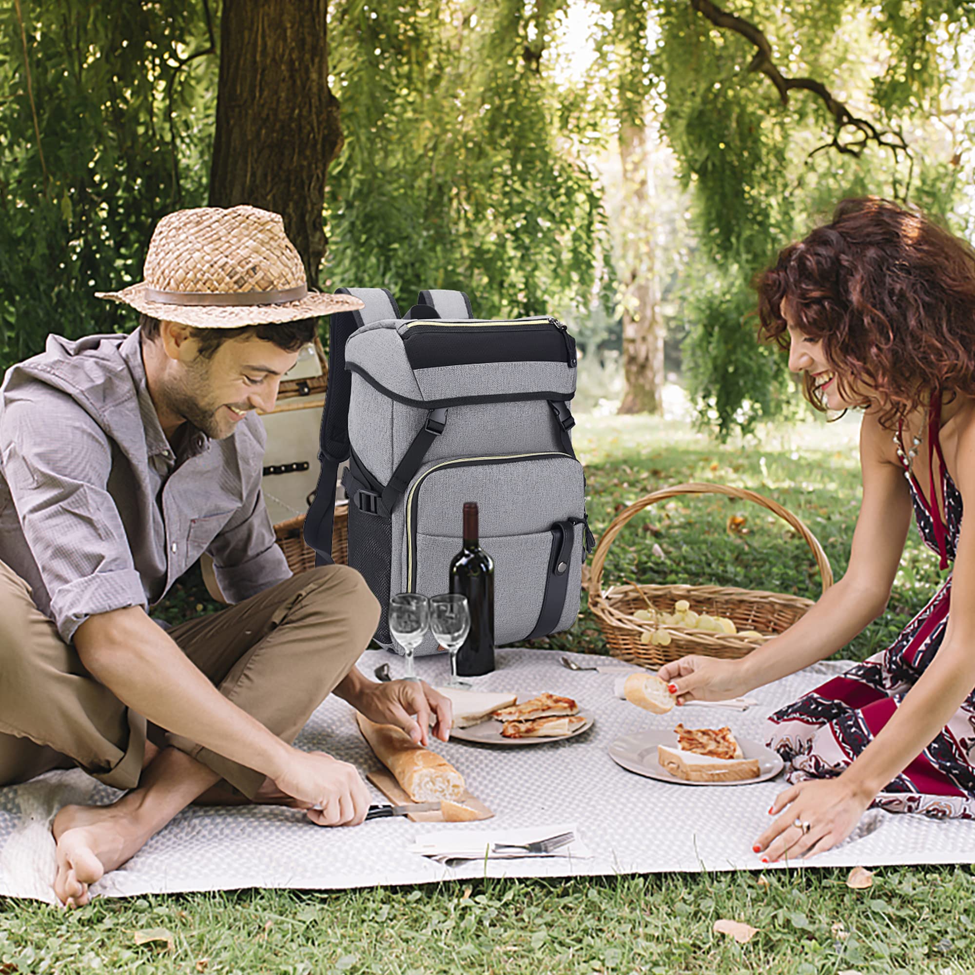 Zaino Termica 30L, Grande Zaino Frigo Termico con Cinghia di Fissaggio Regolabile per Coperta, Impermeabile Zaino Isotermico, Borsa Termica per Picinic Barbecue Grigio Chiaro