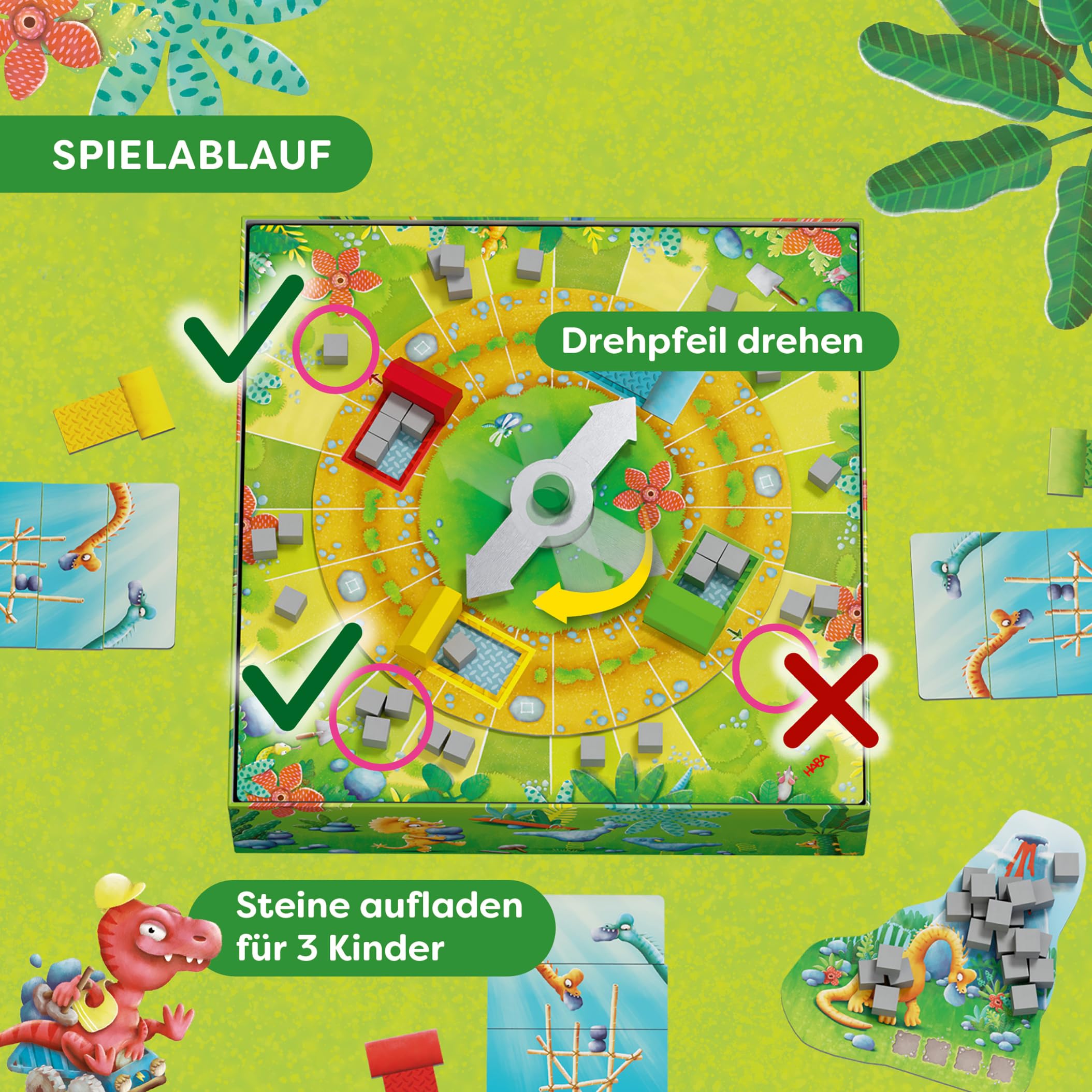 HABA Der Dino-Bautrupp – Spannendes 3D-Kinderspiel ab 4 Jahren mit Drehscheibe & Baustellen-Action – Fördert Motorik & erstes Zählen – Für 2–4 Spieler – 2013073001