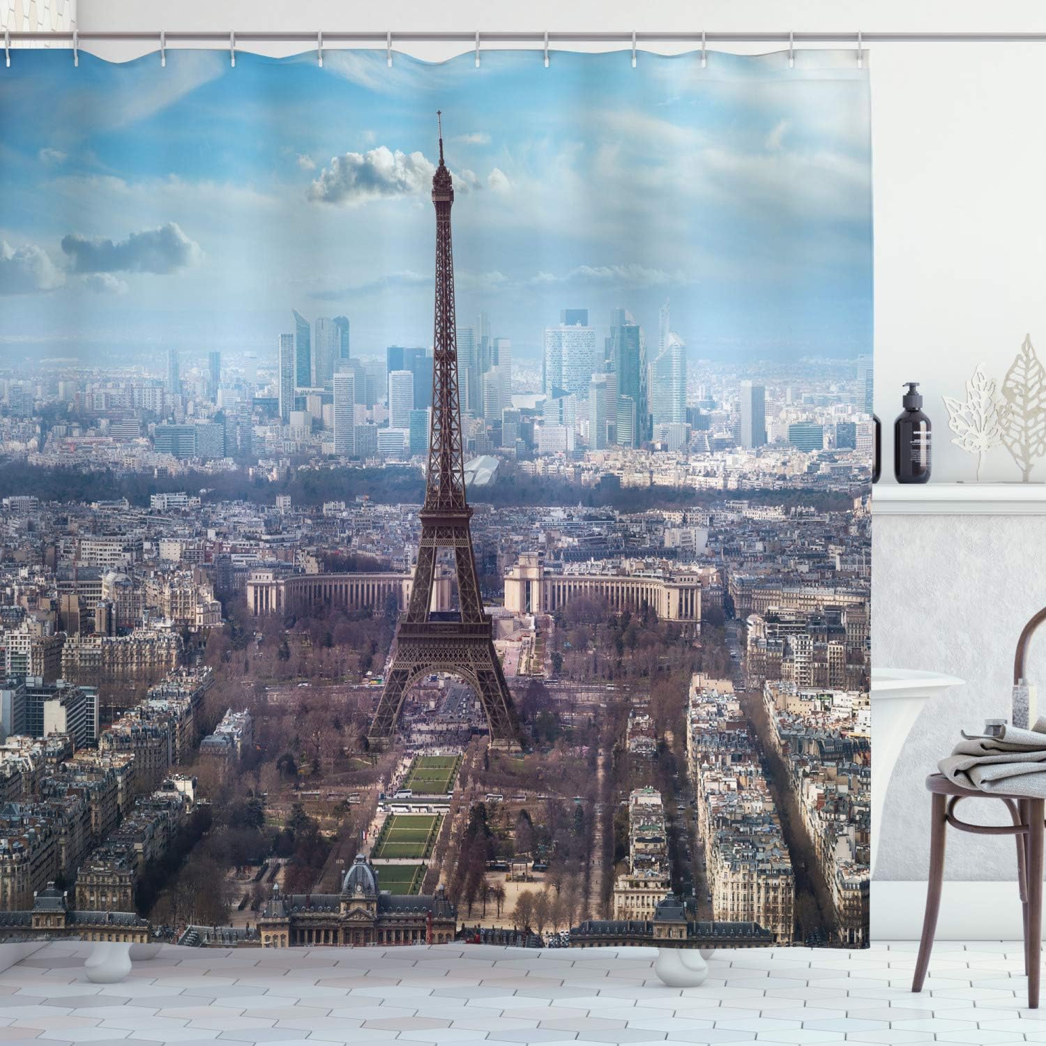 Ambesonne Eiffel Tower Shower Curtain, Aerial View of Eiffel Tower Clear Day Boulevard Busy Town Park Skyscrape, Cloth Fabric Bathroom Decor Set with Hooks, 69" W x 70" L, Pale Blue Brown