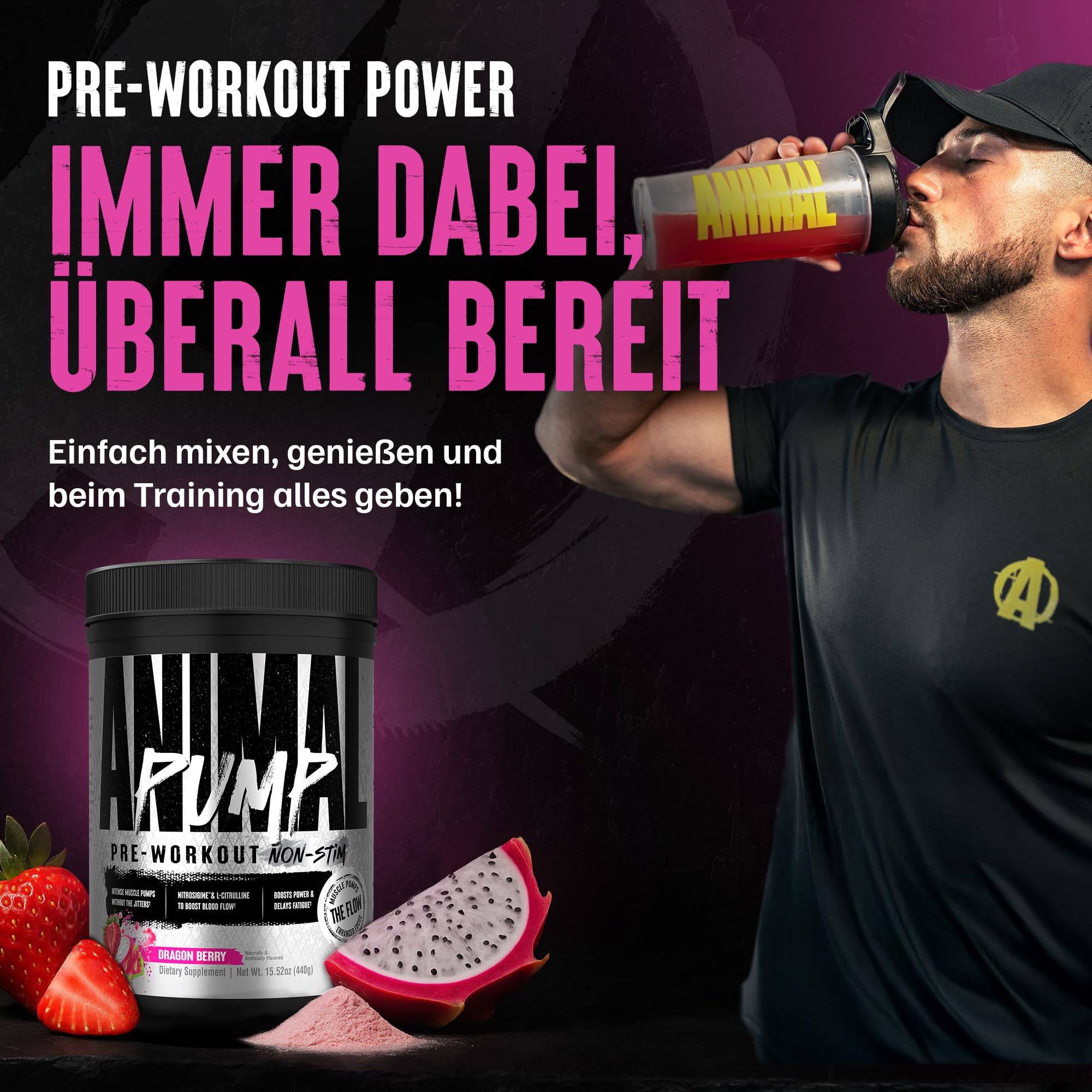 ANIMAL Pump Non-Stim Pre Workout Powder - koffeinfreies Preworkout für Energie, Fokus & Muskelaufbau, Beta Alanin, Citrullin, Nitrosigin und Nootropics, Dragon Fruit, 440g