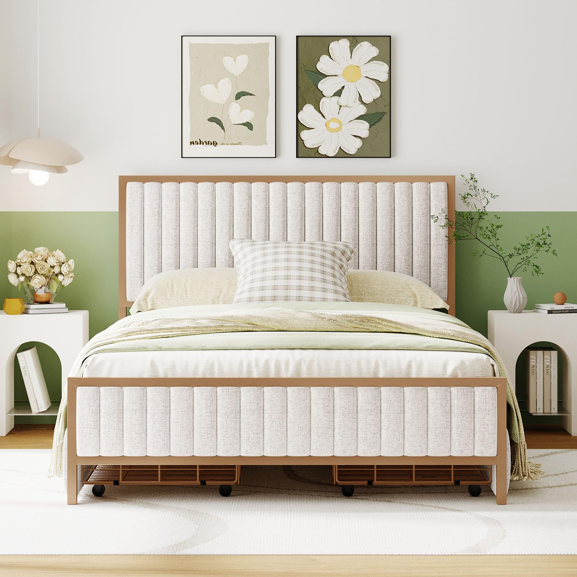Full Size Bed Frame with 4 Storage Drawers, Upholstered Linen Fabric Platform Bed Frame with Classic Headboard and Sturdy Wooden Slats Support, Full Bedframe No Box Spring Needed