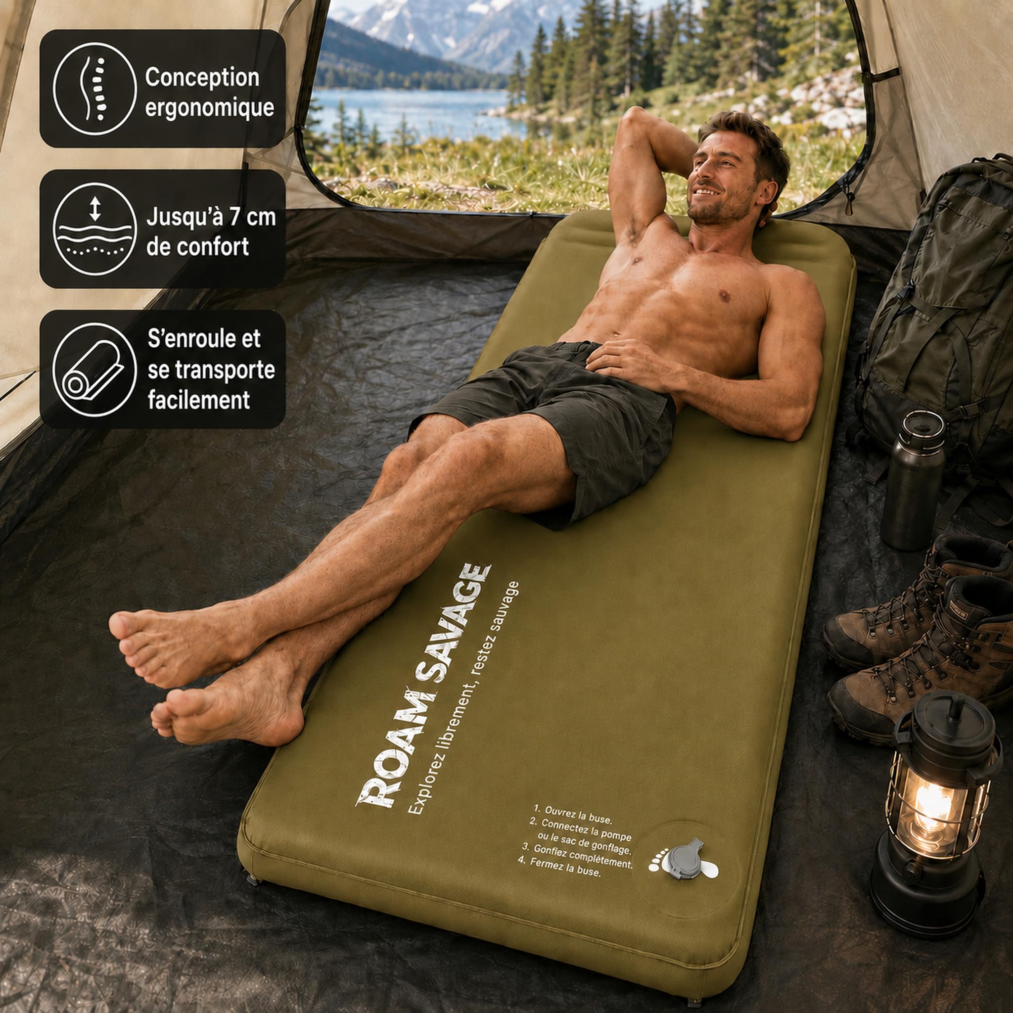 ROAM SAVAGE Tapis de camping autogonflant avec oreiller intégré, léger