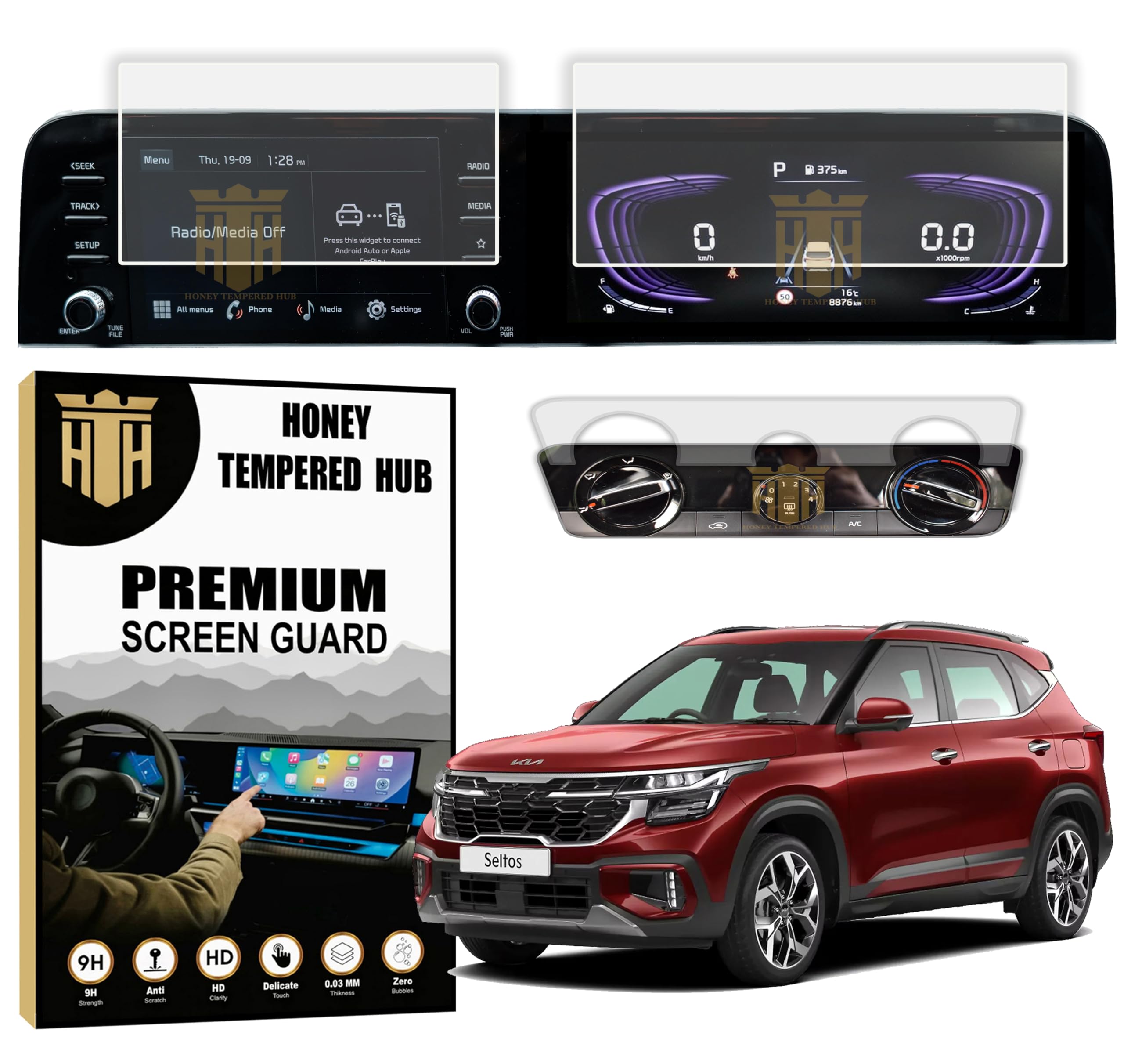 HONEY TEMPERED HUB ( 3 Pack 9H Screen Guard For NEW KIA SELTOS 2023 FACELIFT / 8 Inch Infotainment & Instrument Cluster with AC Panel Guard/Car Music System Accessory - Glossy [Not Tempered Glass]