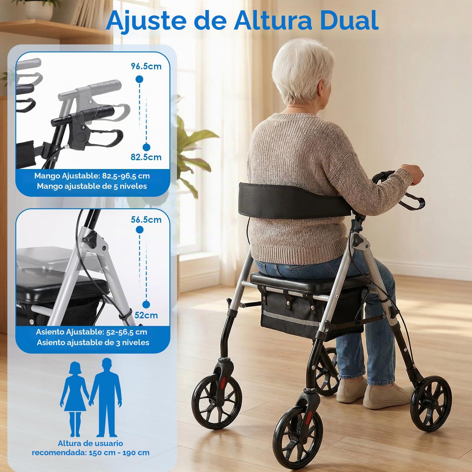 Andador para Ancianos, 4 Ruedas Andadores Adultos Plegable con Asiento | para Todo Terreno, Regulable en Altura Asiento y Mango de Altura, Frenos Manuales y Bloqueables, con Bolsa de Almacenamiento