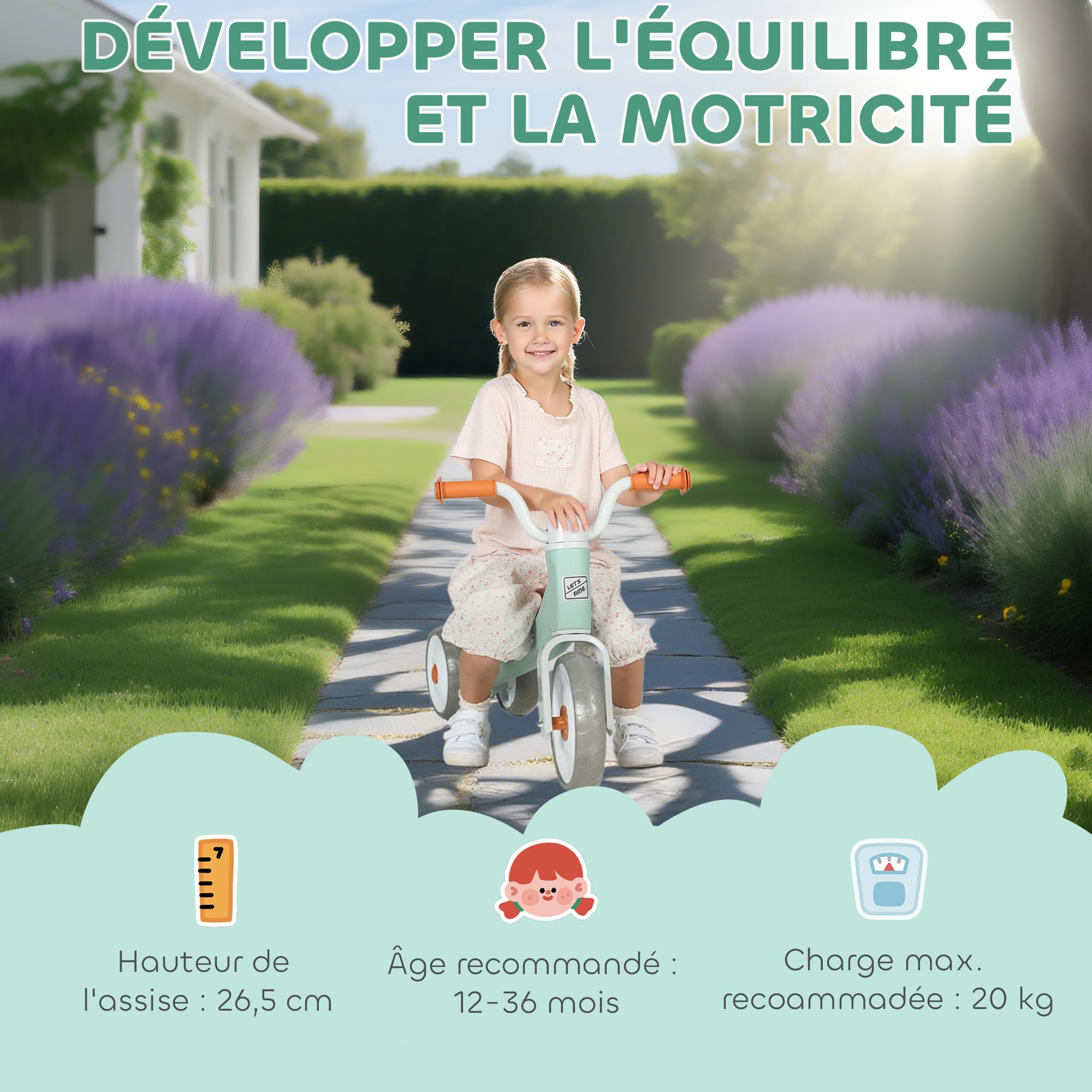 AIYAPLAY Draisienne vélo Enfant 4 Roues Selle réglable, Guid