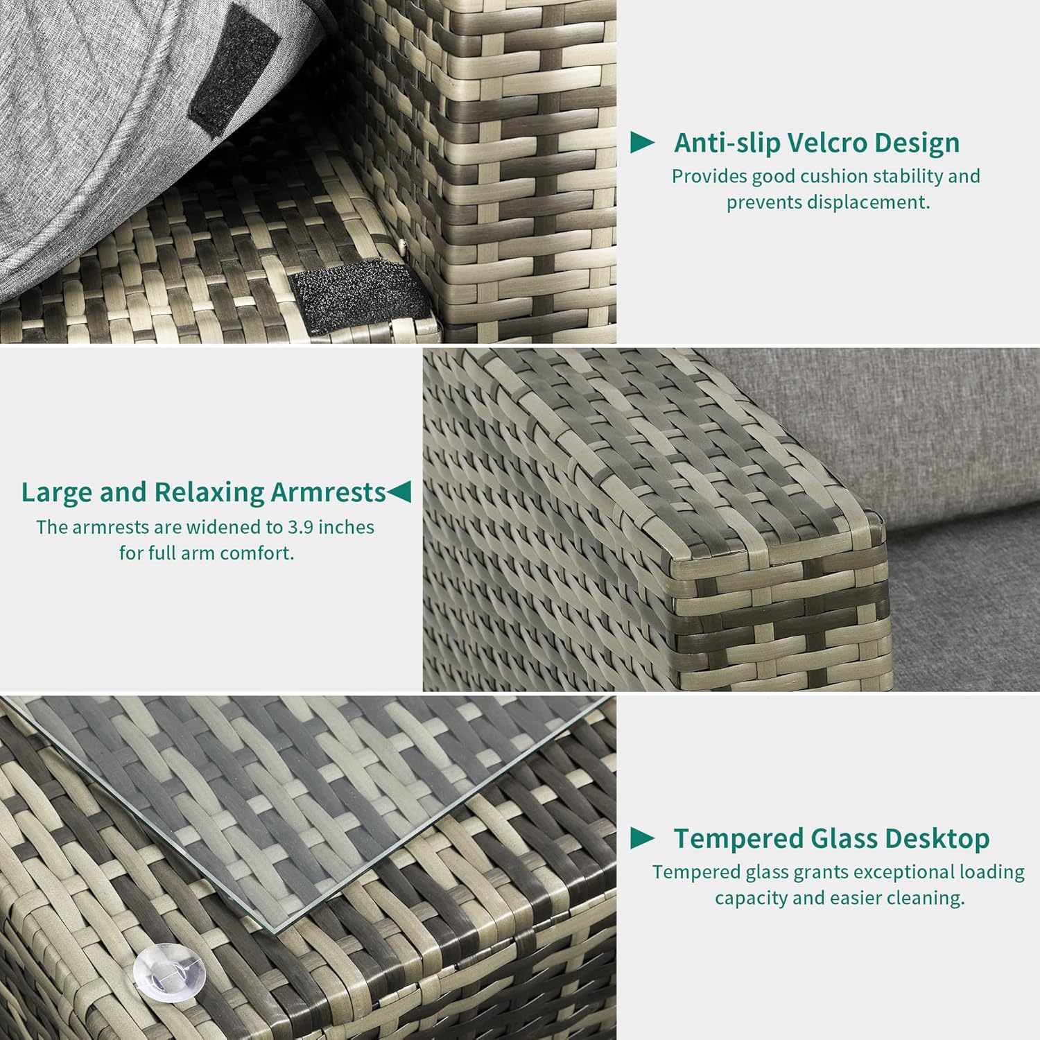 Comparison image highlighting water repellent fabric, 3.5 inch cushion thickness, and adjustable feet of the YITAHOME patio set versus ordinary sets.