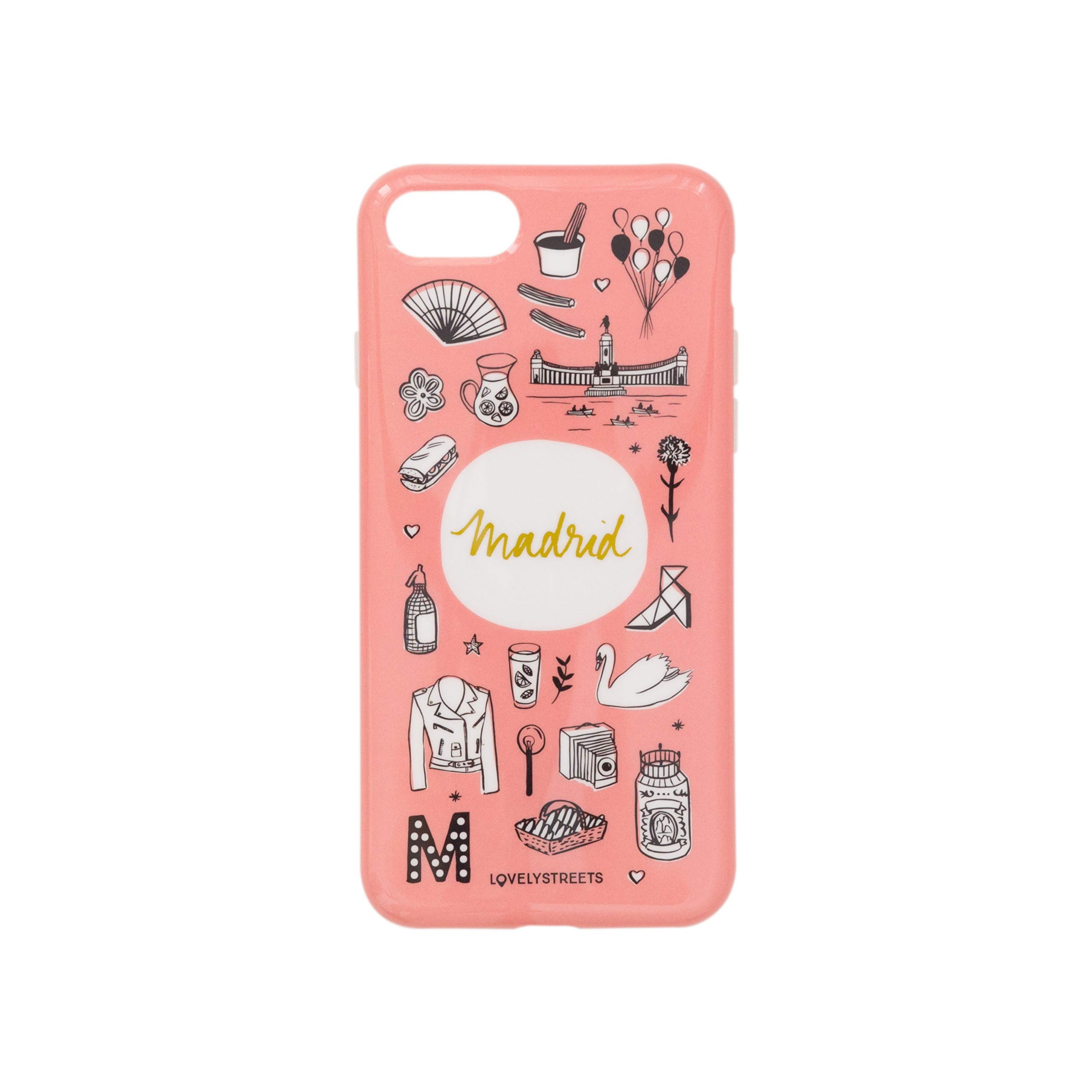 ENFERMERA EN APUROS Case for iPhone 7, iPhone 8 and iPhone SE Pink with illustrations of iconic things of Madrid by Lovely Streets