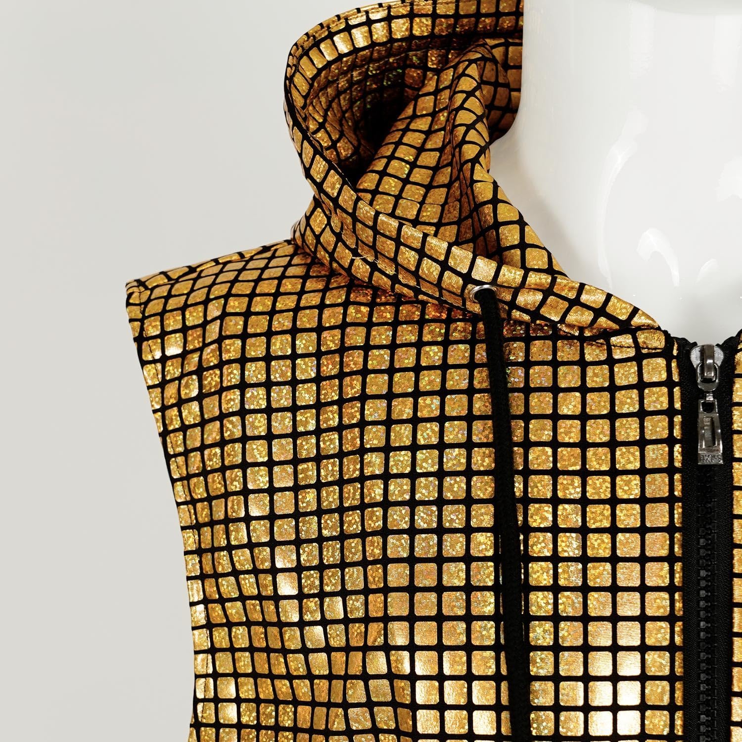 Men's Sequins Sleeveless Hooded Vest Disco Zippered Shirts 70s Disco Party Costume - Image 4