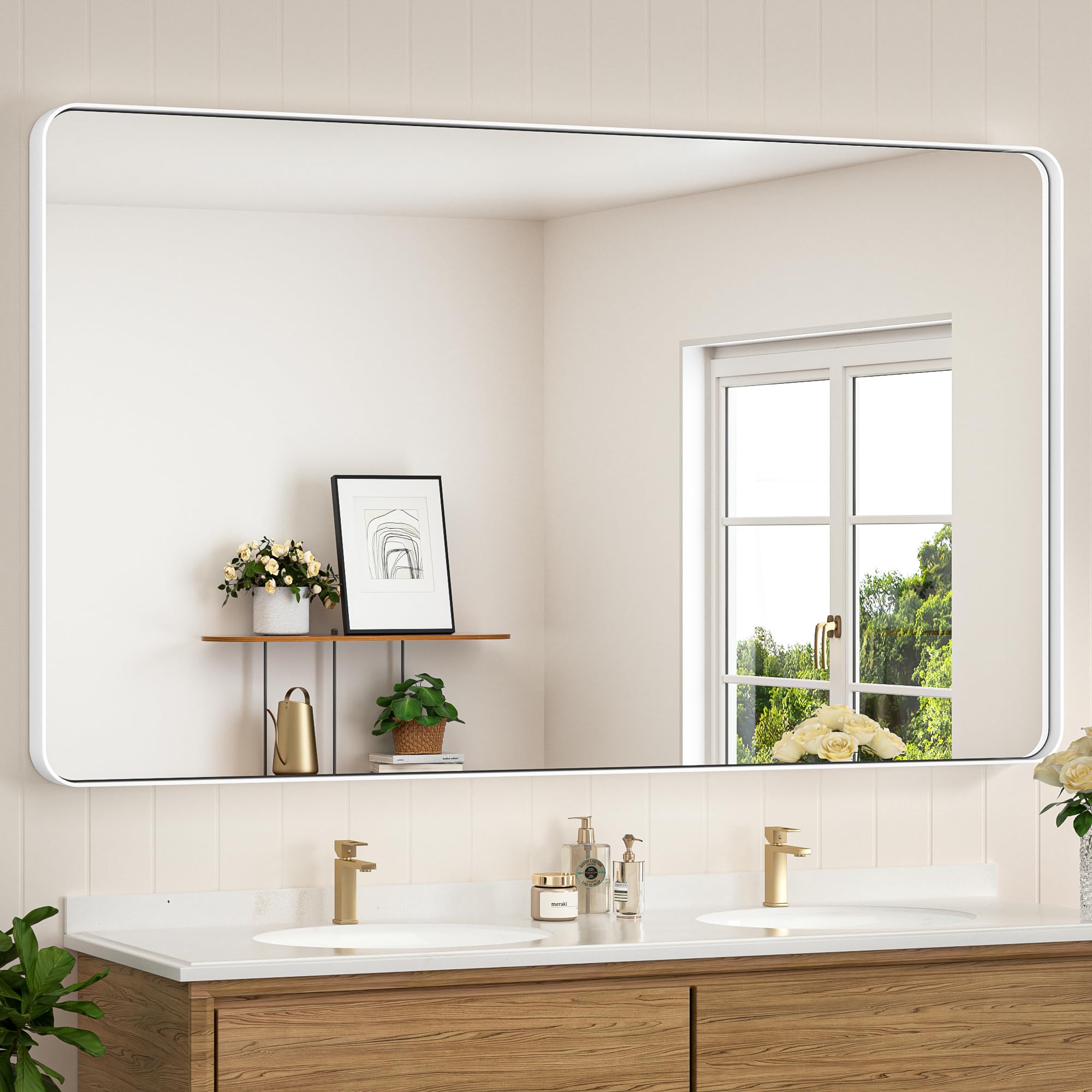 Keonjinn White Bathroom Mirror for Over Sink, 60 x 36 Inch Large Metal Framed Bathroom Mirrors for Wall, Rounded Rectangle Farmhouse Vanity Mirror, Shatter-Proof HD Tempered Glass(Horizontal/Vertical)