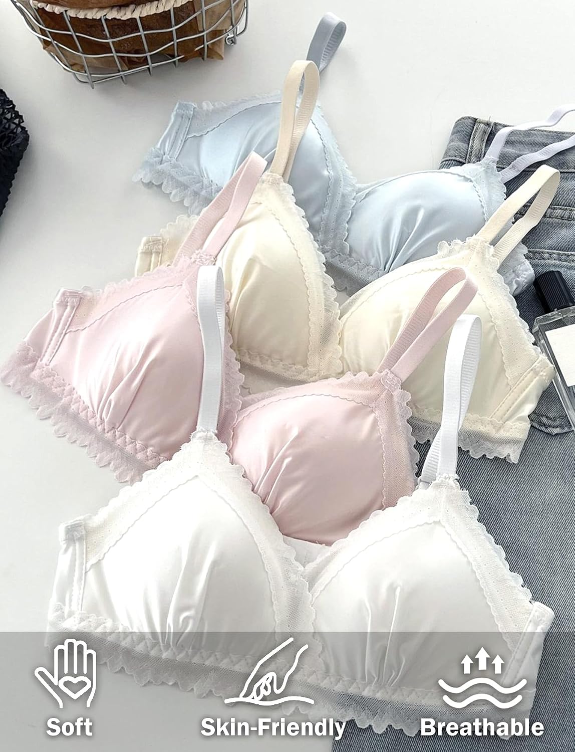 SEAUR Silk Soft Padded Bras for Girls Teens Satin V Neck Support Wireless Seamless