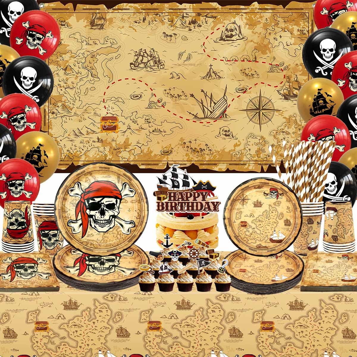 Pirate Party Decorations-20 Guests-Include Plates, Cups, Napkins, Tablecloth, Backdrop, Cake Topper for Kids Boys Birthday Treasure Party Decor