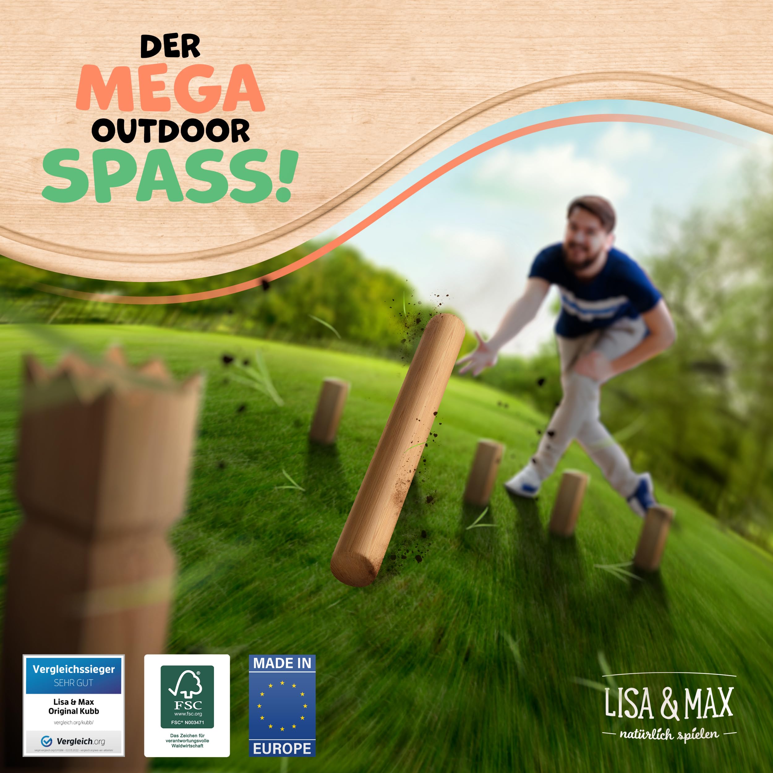 Wikinger Kubb Spiel Test SEHR GUT - aus FSC®- zertifiziertem Holz - Schweden Schach Made in EU - Original Vikinger Wurfspiel Turniermaße - Schwedenschach für riesigen Outdoor Spaß