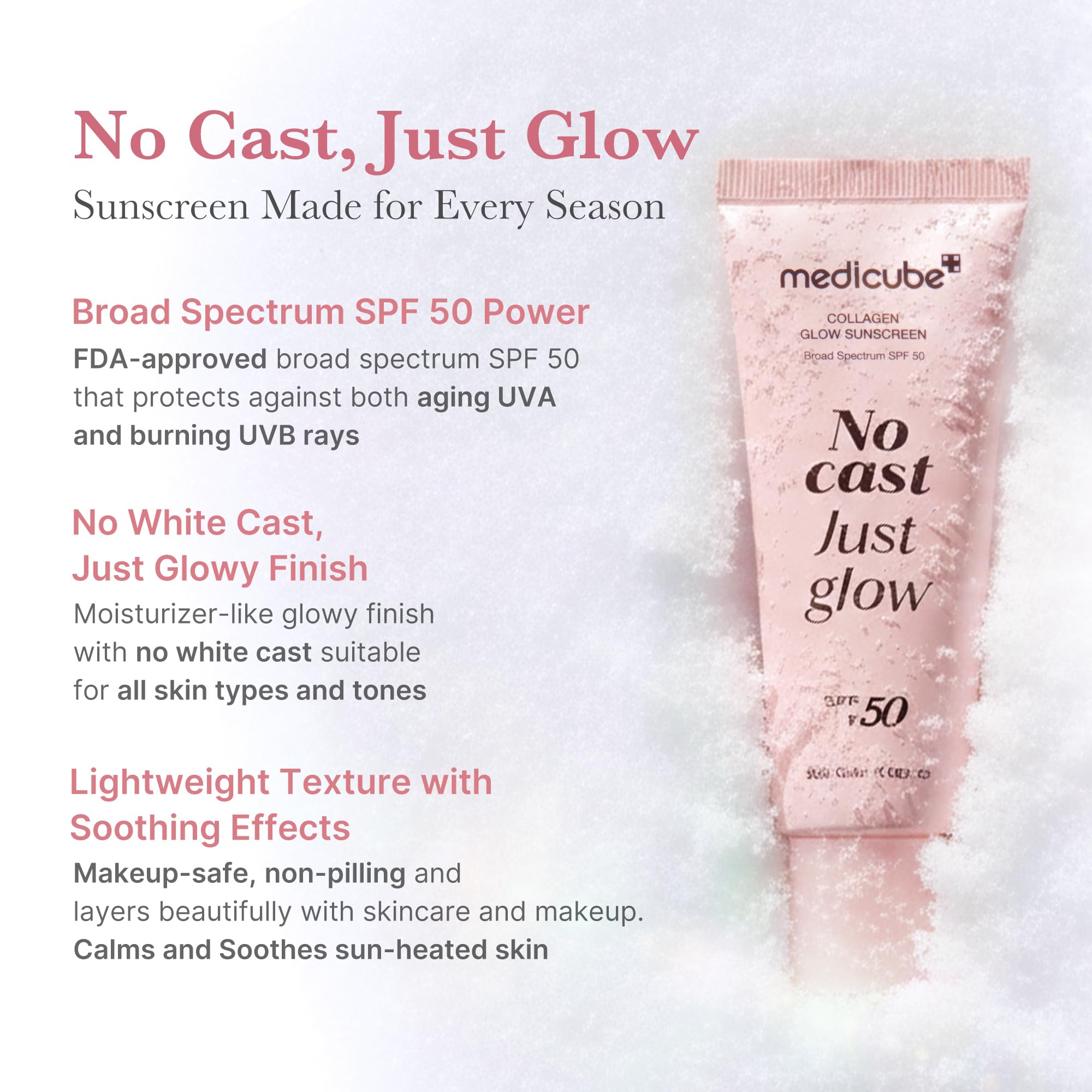 medicube No Cast Just Glow Collagen Sunscreen | SPF 50 Broad Spectrum Face Sunscreen | Lightweight, Non-Sticky, Hydrating Formula | No White Cast or Residue | Peptide, Cica for Soothing & Natural Glow
