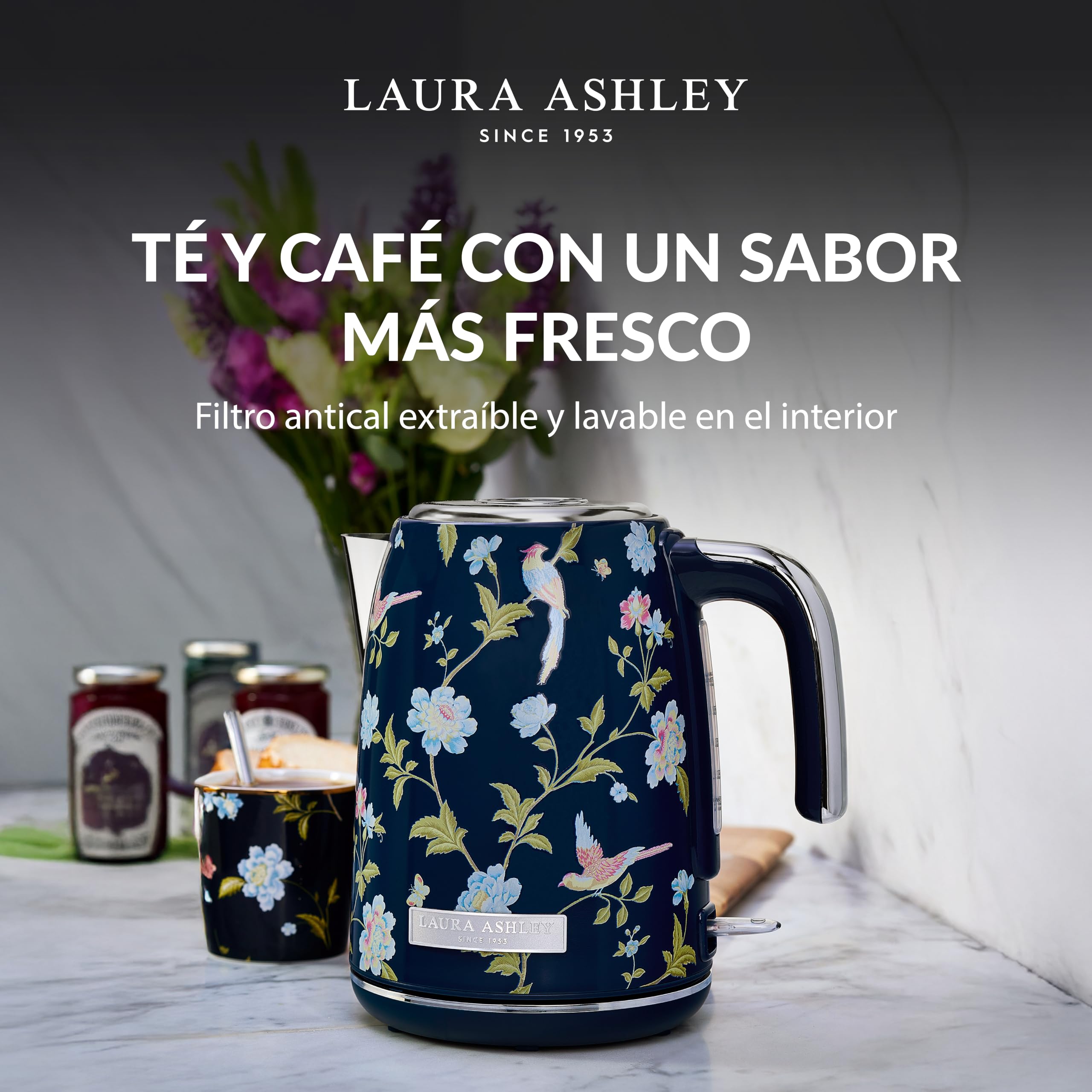 VQ Laura Ashley Elveden Navy Hervidor de Agua Eléctrico 1,7 L | 2,2 kW Ebullición Rápida y Silencioso, Vertido Sin Goteo, Filtro Antical, Eficiente Energéticamente e Indicador de Nivel