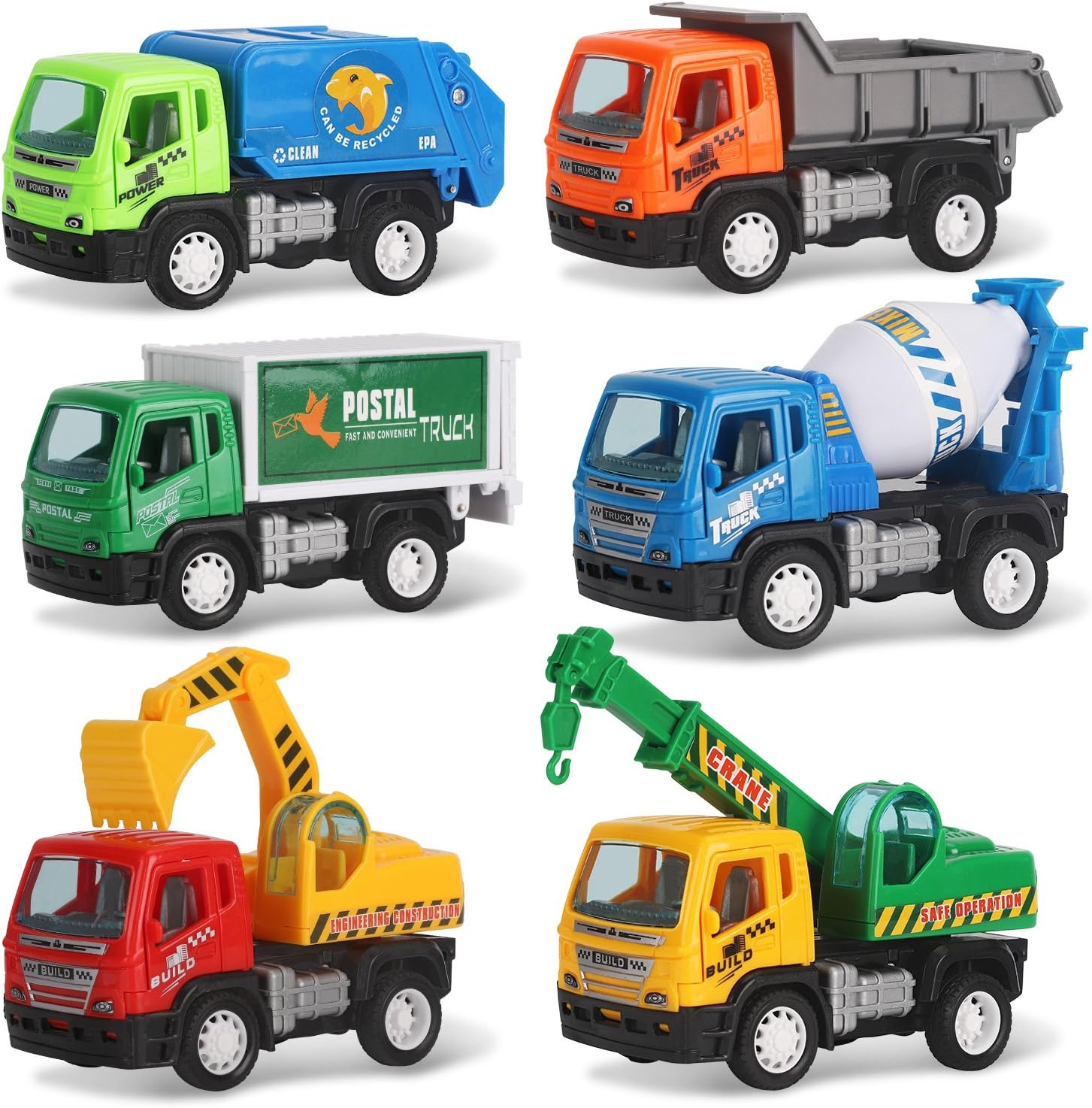 6 Pack Pullback City Builder Toy Construction Play Vehicles for Kids โ Dump Truck, Sanitation, Cement Mixer, Excavator, Crane, Delivery Van