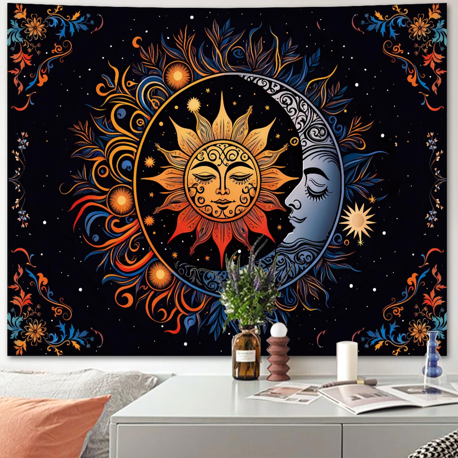 Apdidl Hippie Sun and Moon Tapestry Wall Hanging for Bedroom Aesthetic, Boho Bohemian Hippy Mystic Floral Tapestries, Mandala Floral Backdrop Decor for Living Room Dorm (51"X60")