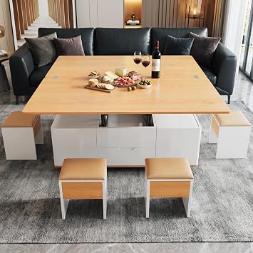 Miuuod 120cm Lift Top Coffee Table, 4 Stools, Storage Drawers, Wood Color