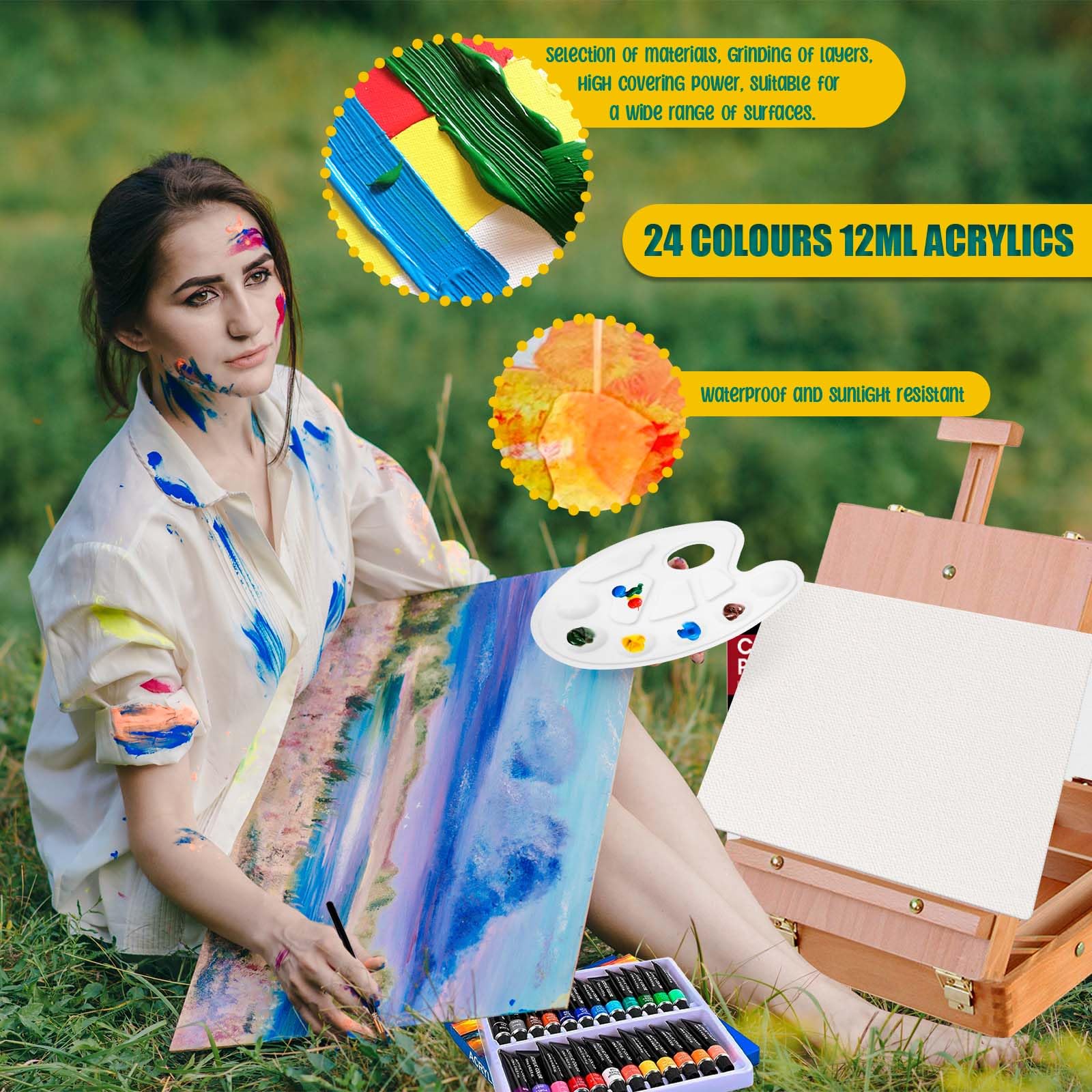 UCAMP Cavalletto Pittura,Cavalletto da Tavolo,Set di pittura acrilica da 44 pezzi,24 colori acrilici,12 pennelli,Spatola, Grembiuli,Tavolozza Colori e Tela A4,per Professionisti e Hobbisti