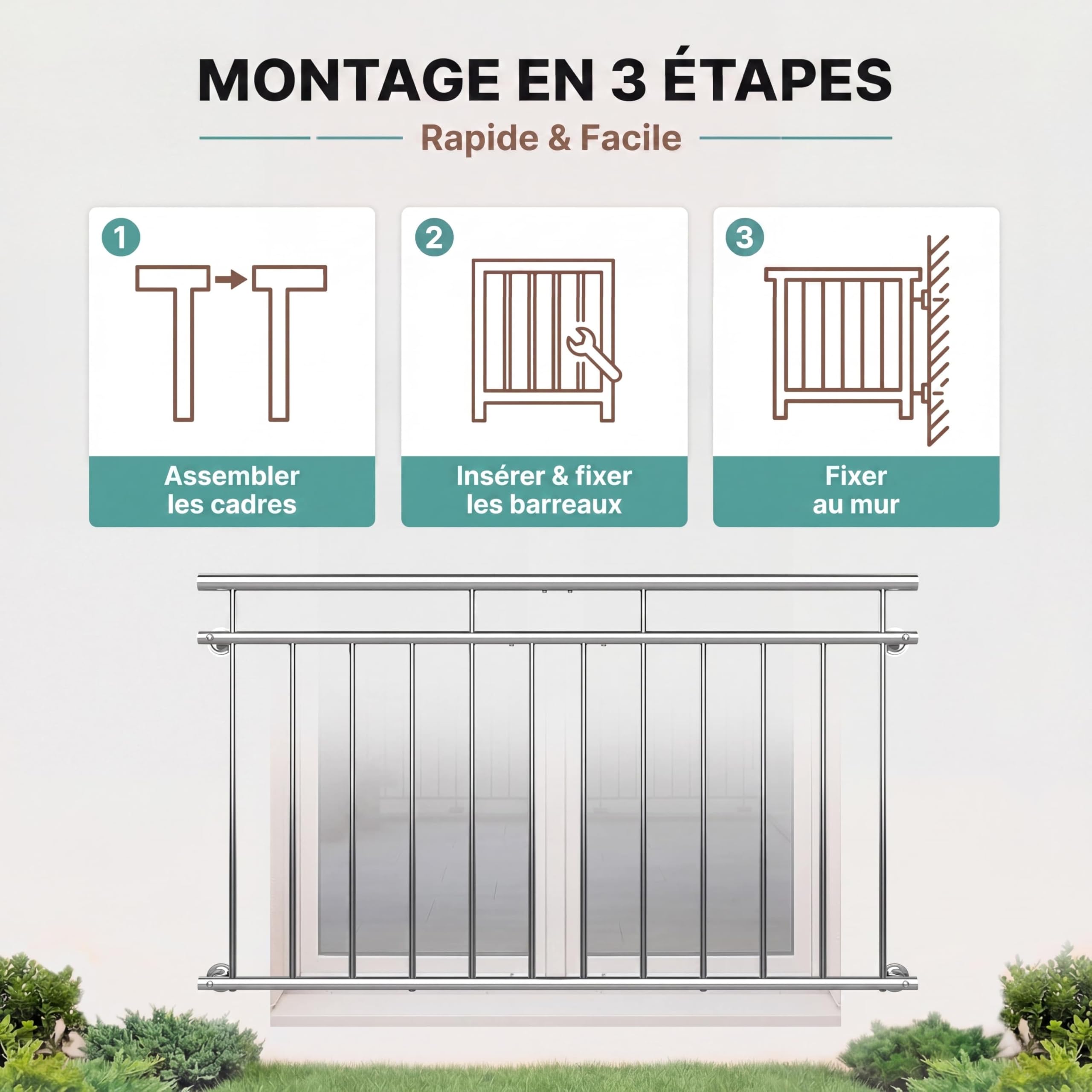 MONZANA® Balustrade de balcon français 128 cm acier inoxydable main courante garde-corps sécurité fenêtre barreaux