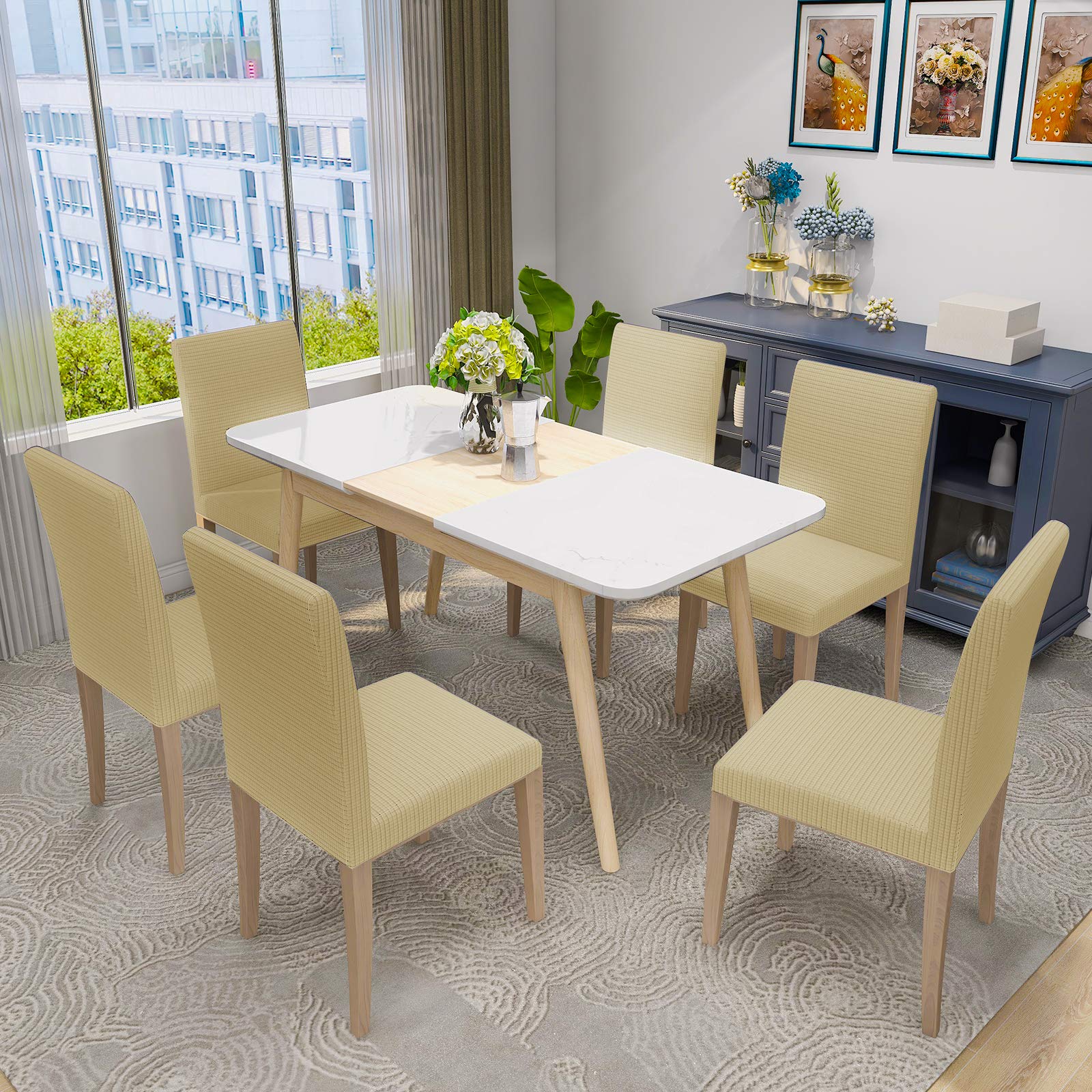 MAXIJIN Super Stretch Dining Room Chair Cover Jacquard Spandex Dining Parsons Chair Slipcover Removable Chair Protector Covers for Dining Room,Hotel,Kitchen,Ceremony (Beige - Image 2