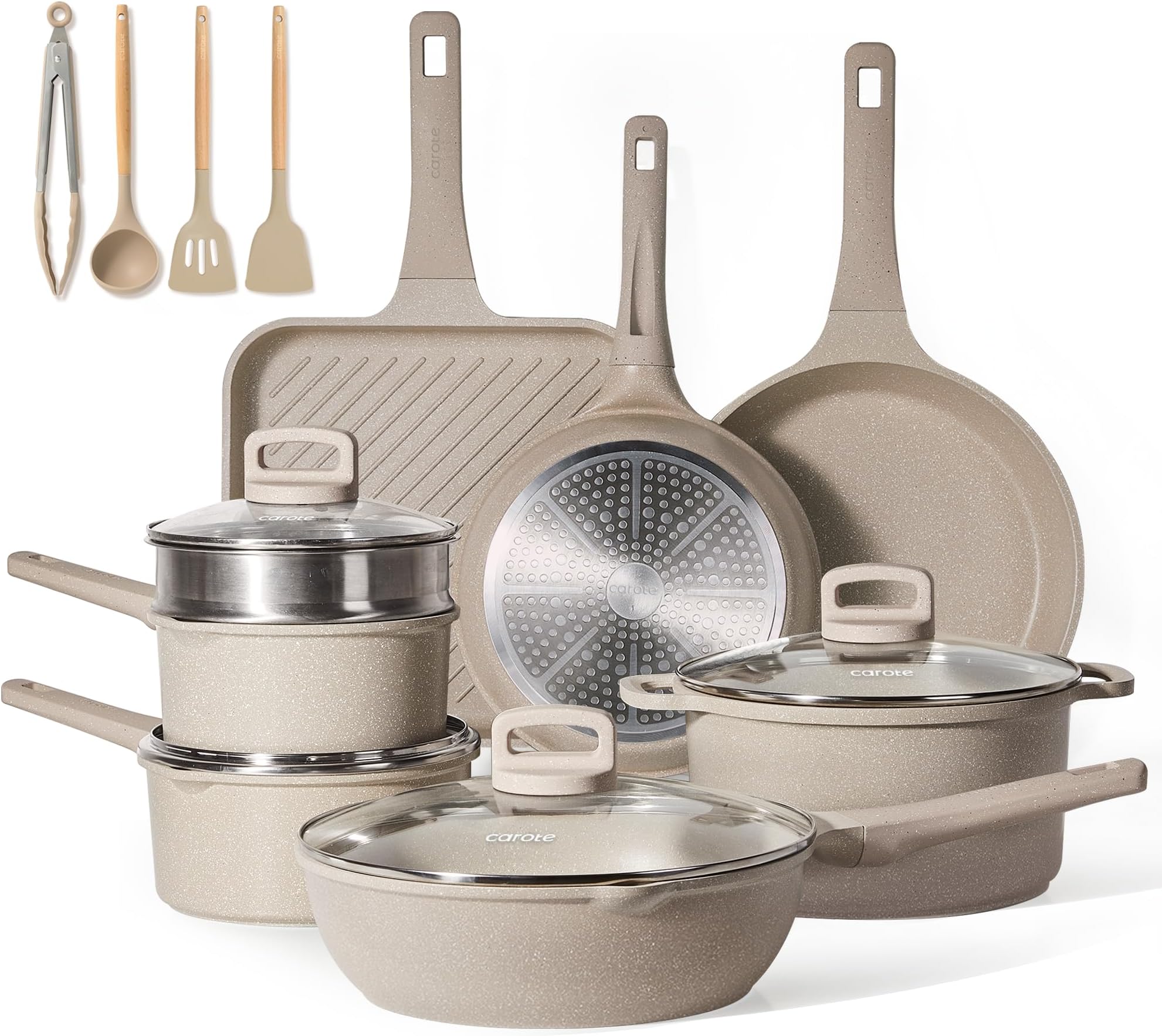 Pots and Pans Set Non Stick, 16Pcs Kitchen Cookware Set, Stackable Induction Cookware, Pot and Pan set, Pans for Cooking, Taupe Granite，Pots and Pans Set Non Stick,