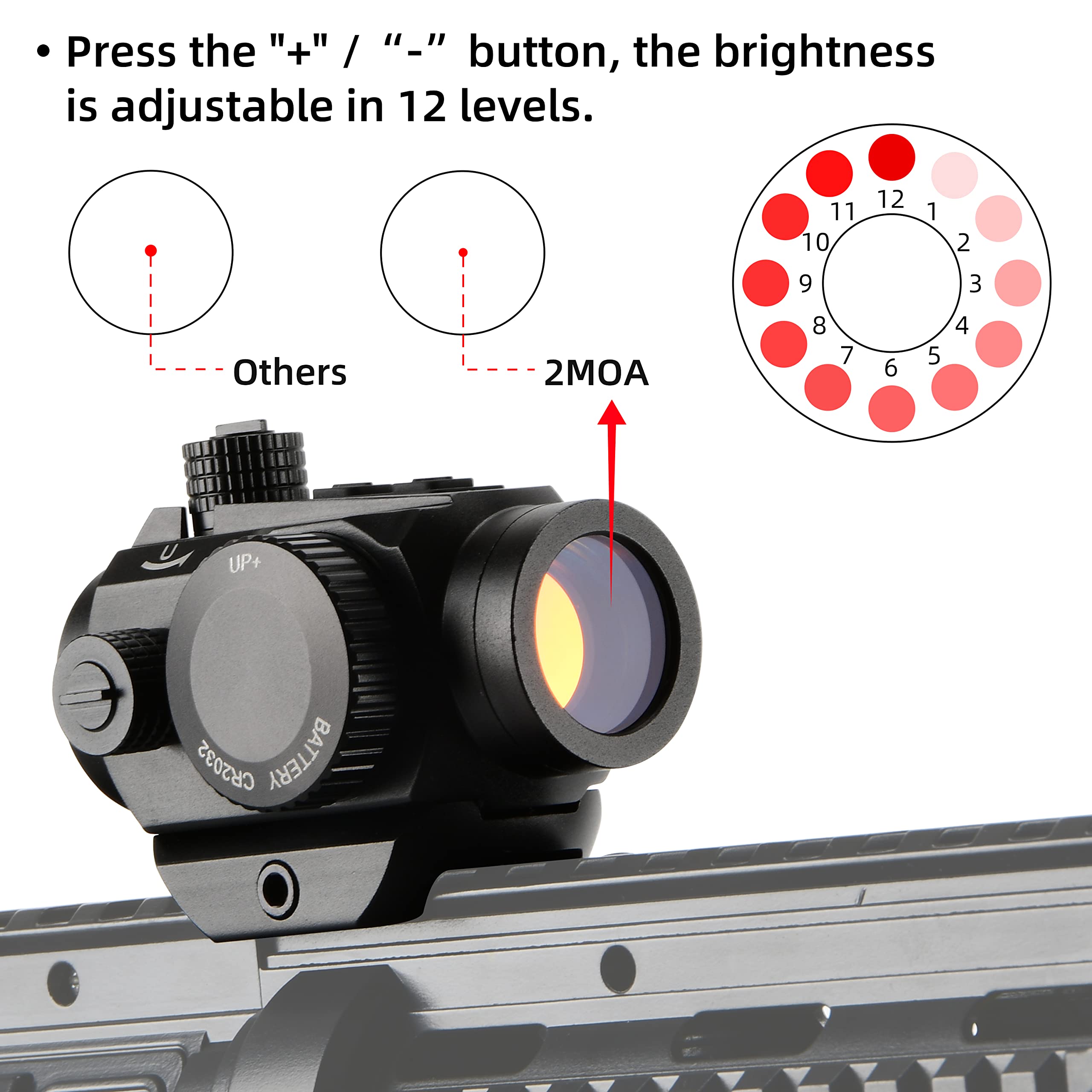 ESSLNB Visée à Point Rouge 2 MOA Lunette de Visée Prisme Multicouvert Totalement Étanche et Résistante aux Chocs avec Support de Rail Weaver/Picatinny 20mm/22mm et Cache-Objectifs Relevables pour la C