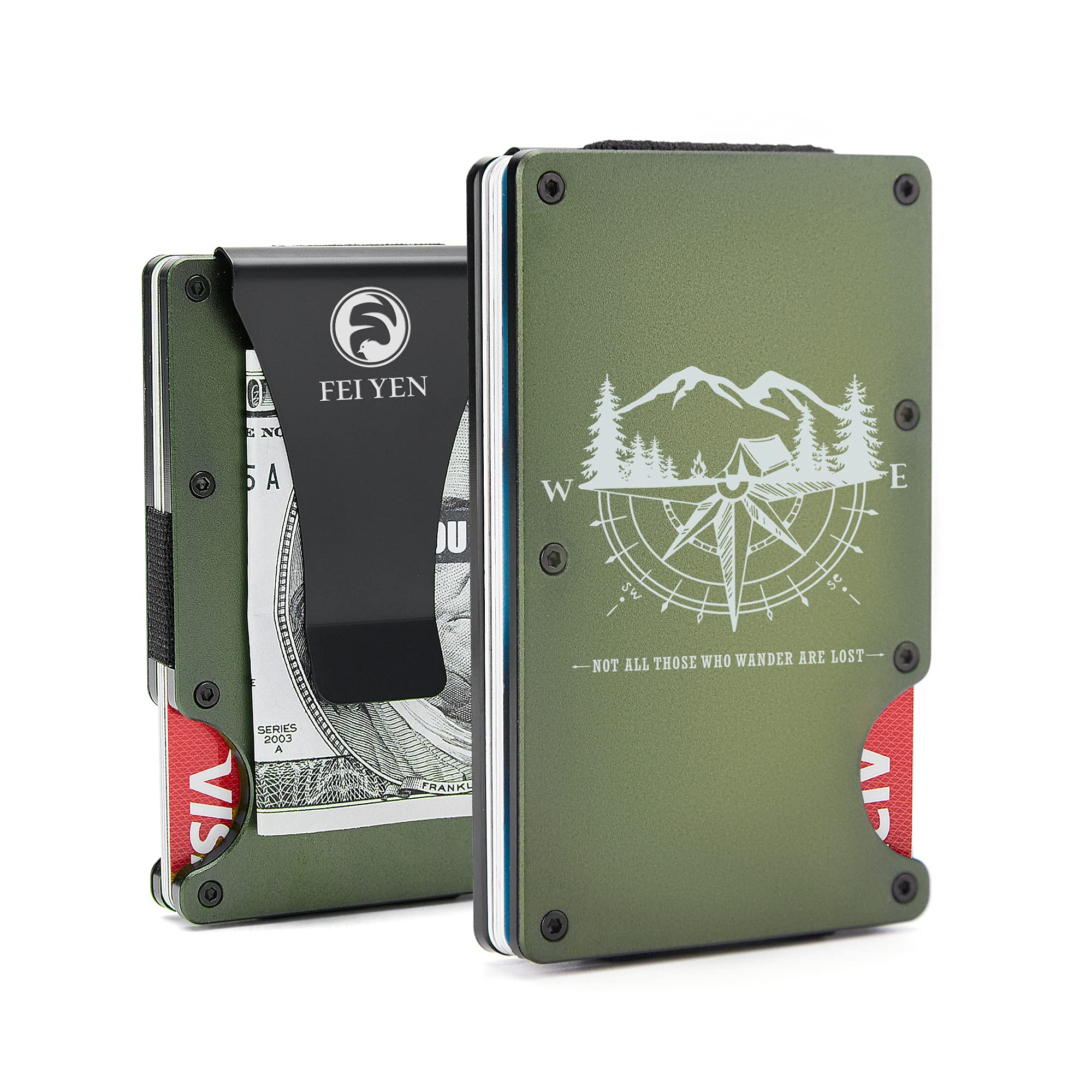 Minimalist Wallet with Money Clip for Men - Slim Front Pocket Credit Card Holder - Aluminum RFID Blocking Metal Engraved Wallet - Landscape Compass - Tactical Wallet with EDC Multitool