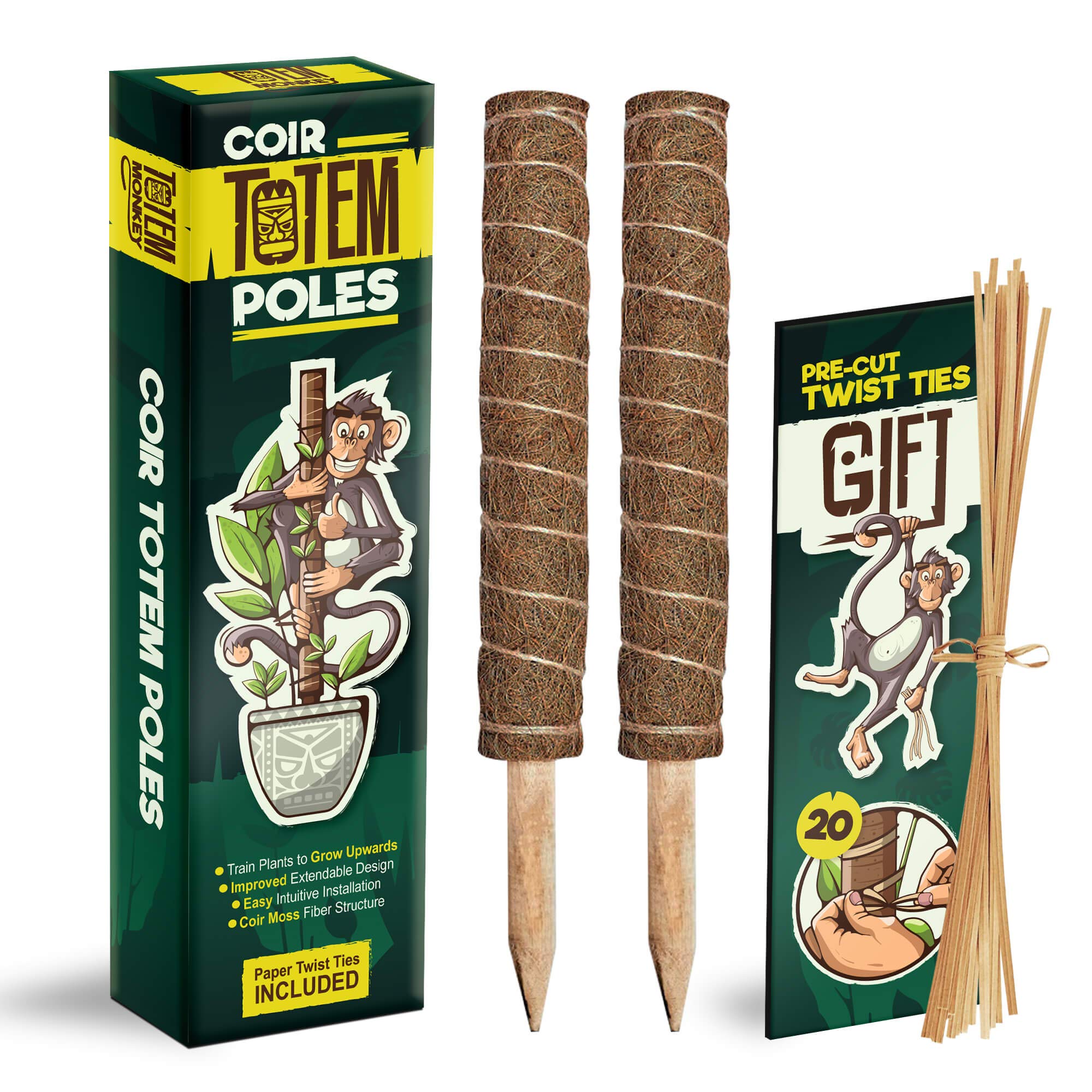 Totem Monkey Moss Pole for Plants Monstera - 26.4 Inch Coir Totem Plant Support - 2 x 15.7 Inch Coco Sticks for Climbing Indoor Potted Plants - 20 Paper Twist Ties - Train Creeper House Plants Grow