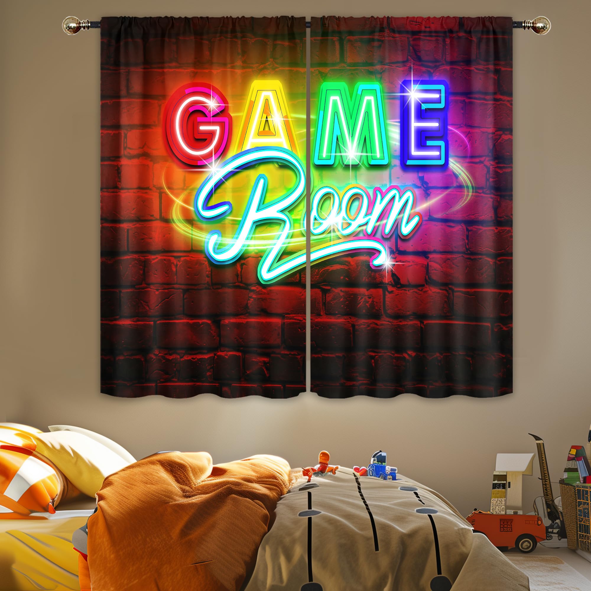 Mitpok Neon Gaming Curtains for Bedroom 42Wx45H Inch Rod Pocket Kids Boys Video Game Gamer Playroom Cool Modern Rustic Brick Wall Child Children Men 2 Panel Window Treatment Set for Living Room Decor