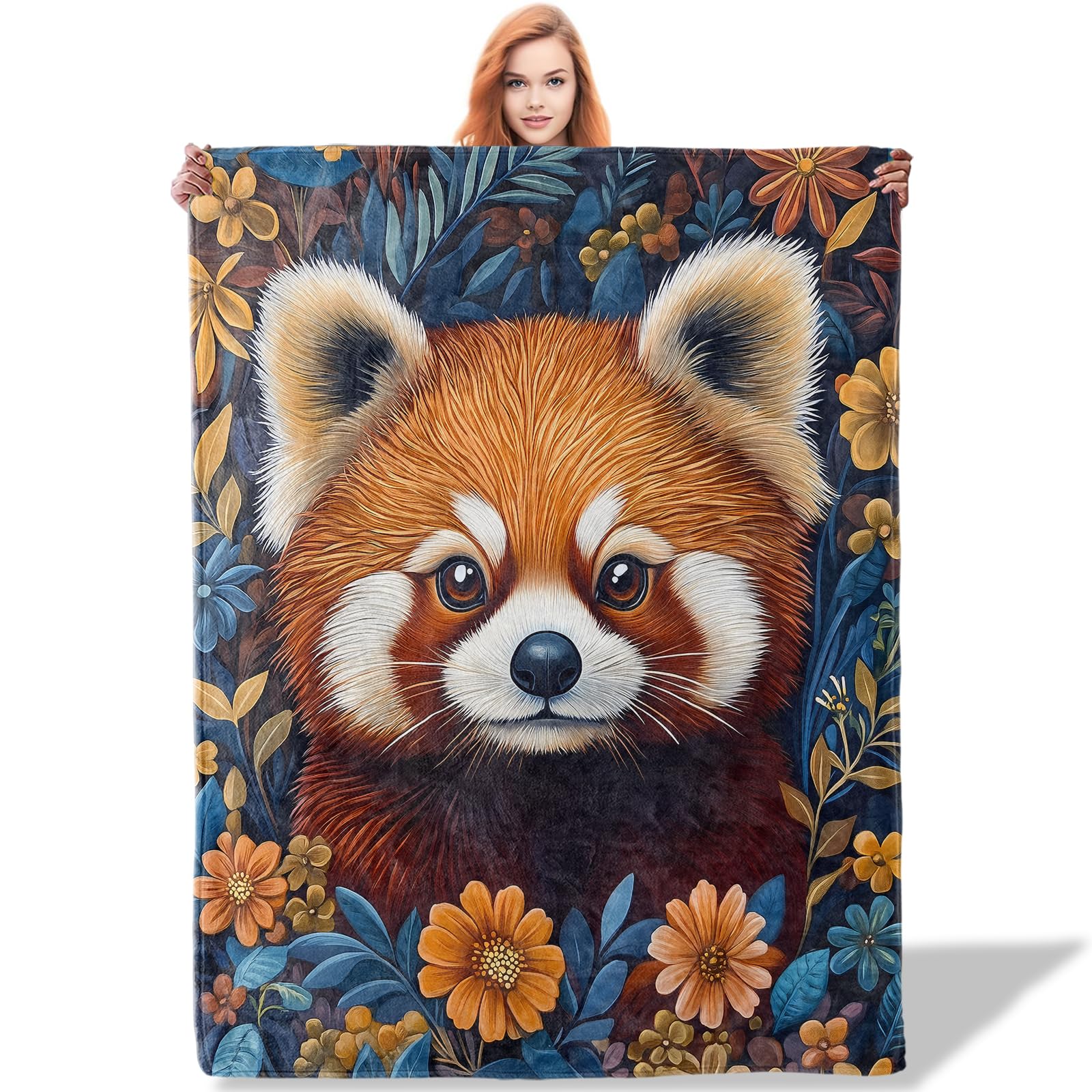 Plistiz Red Panda Floral Throw Blanket 50x60, Red Panda Theme Blankets for Living Room Decor, Soft Flannel Red Panda Gifts for Women