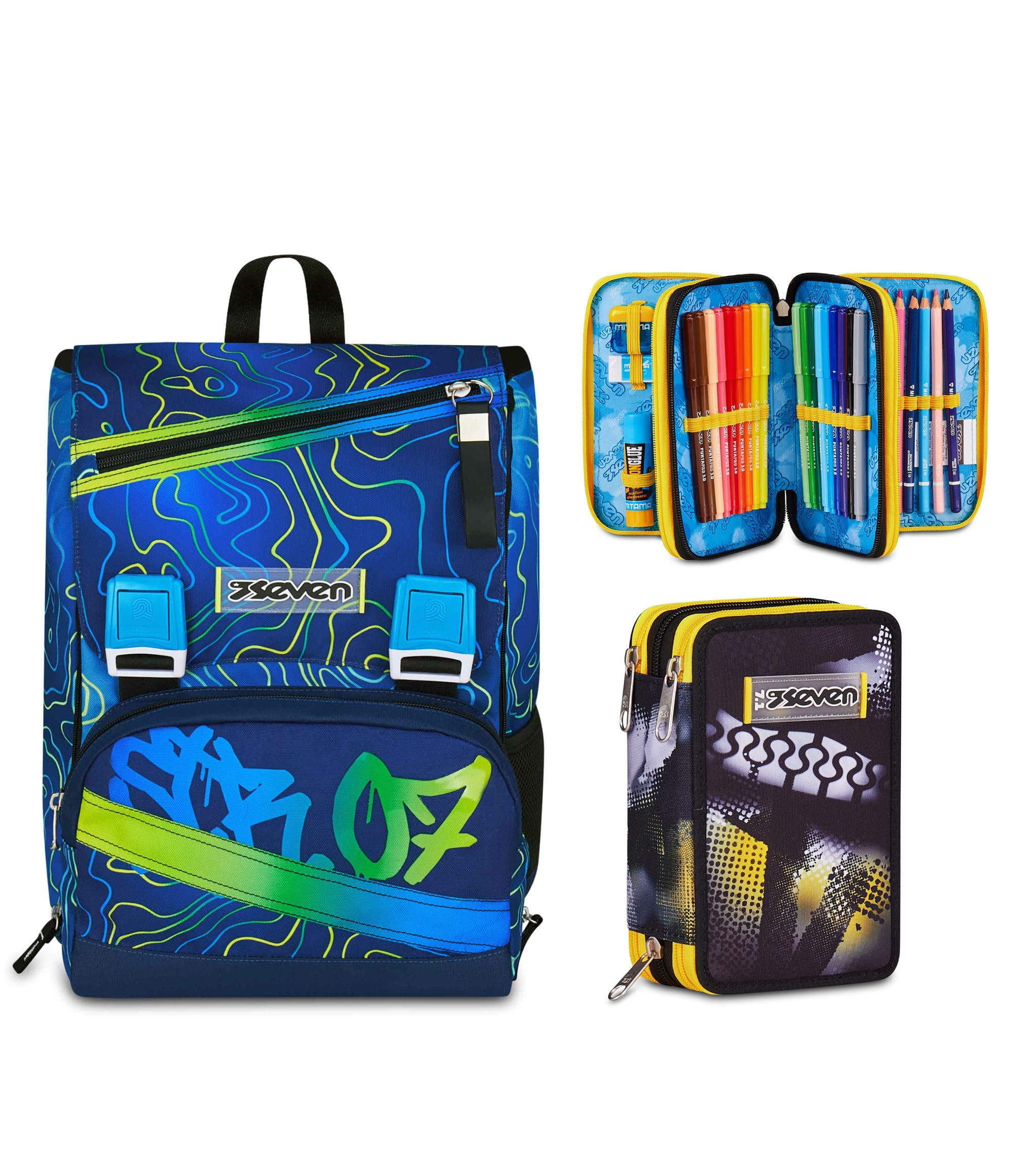 Seven Zaino Doppio Scomparto Estensibile Seven, Blu, Schienale Preformato, Bambino Scuola +Astuccio 3 zip GOLDEN PAINT, Nero, 45 pezzi, Completo di penne, matite e colori, Scuola elementare