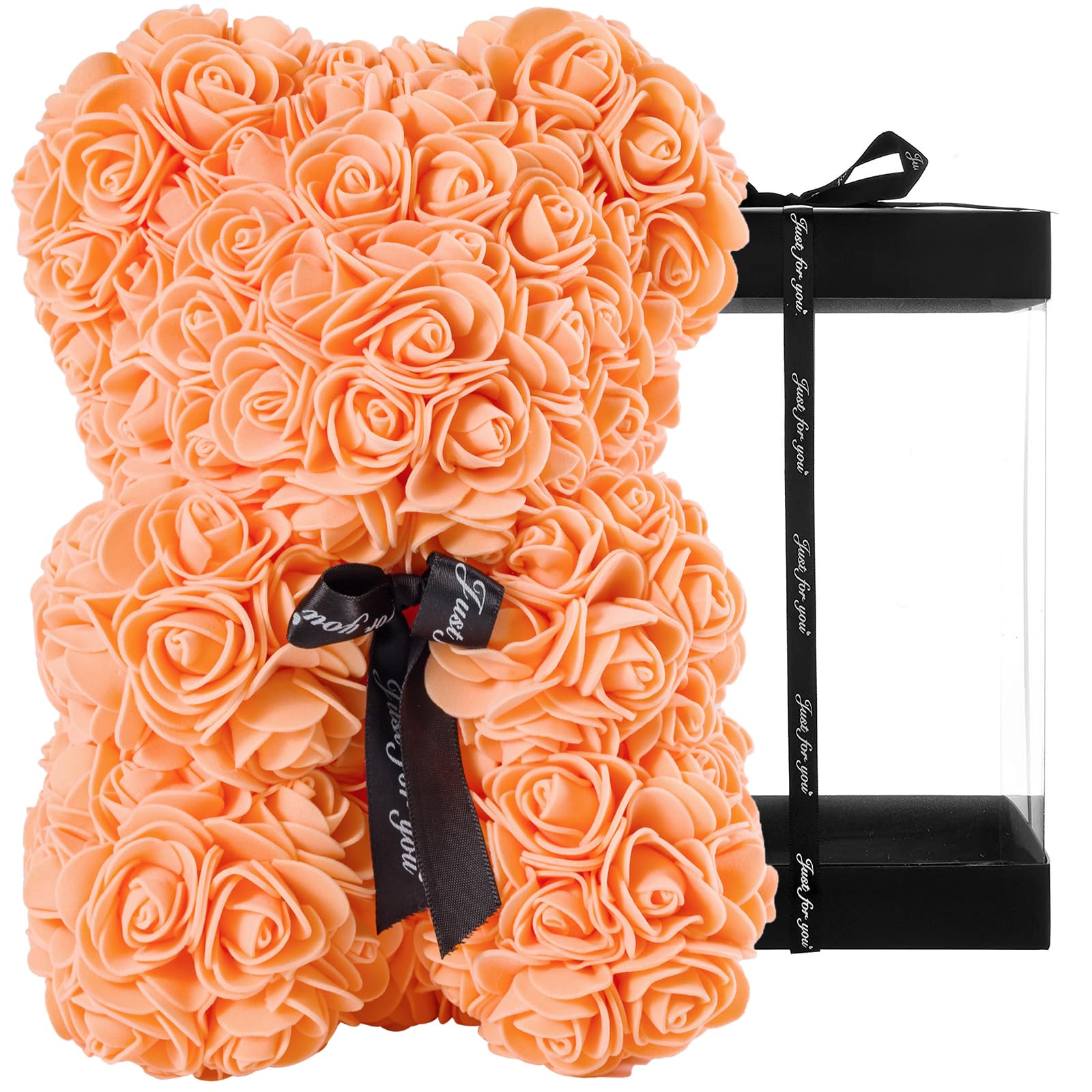 DuHouse Rose Bear Rose Teddy Bear Flower Gift Black Box for Valentines Gifts Anniversary Christmas,Birthdays Bridal Showers -Fully Handmade 10 inch Flower Bear Clear Gift Box (Orange) — image 1