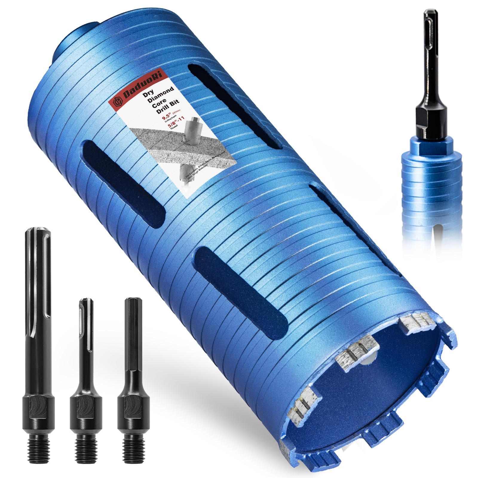 DaduoRi 4 1/4" Dry Core Drill Bit, 5/8"-11 Thread, with 3 Adapters Included: SDS Plus, SDS Max and 1/2" Hex Shank, 9.5" Drilling Depth, 4.25in Core