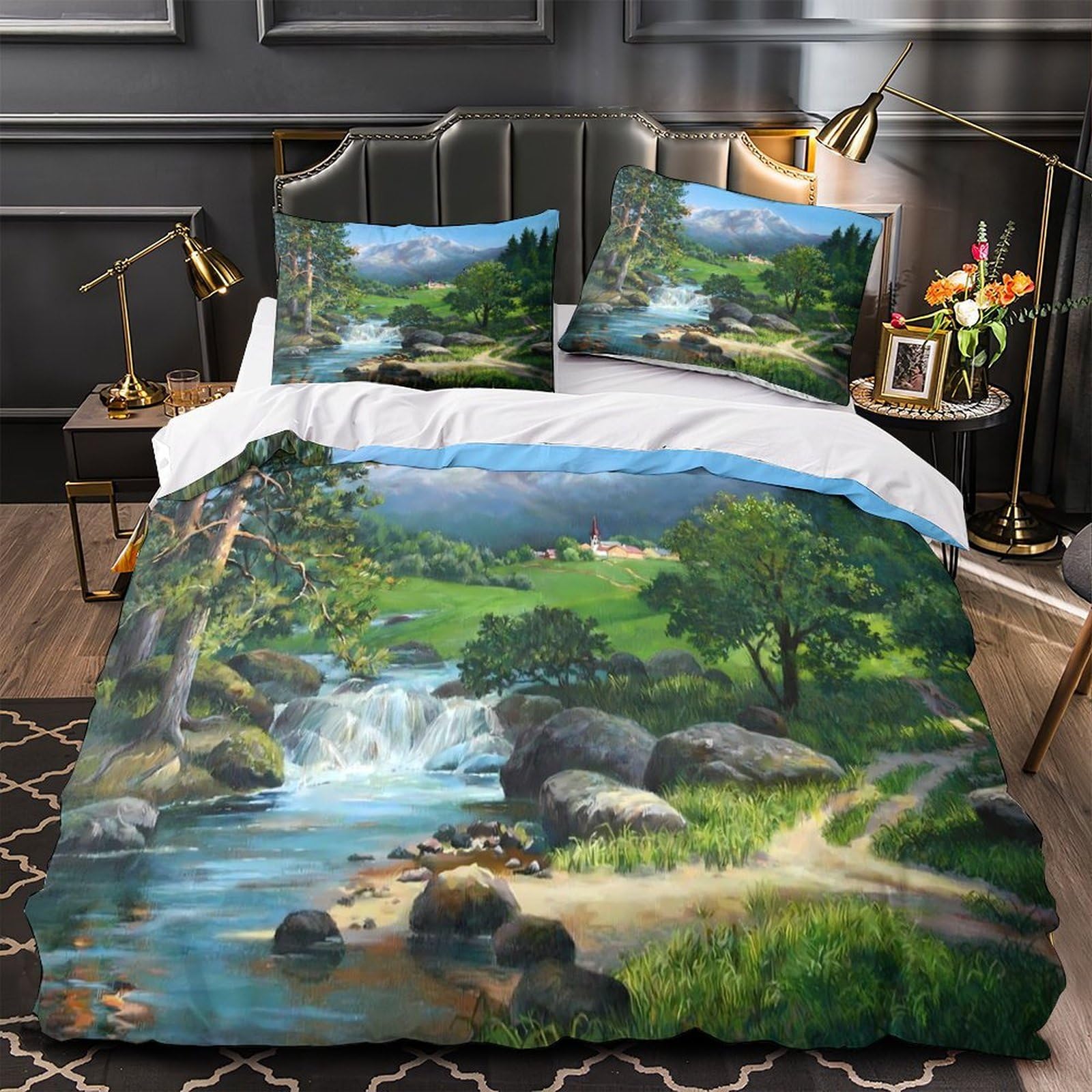 Housse de couette microfibre hypoallergique motif montagne 3D super douce