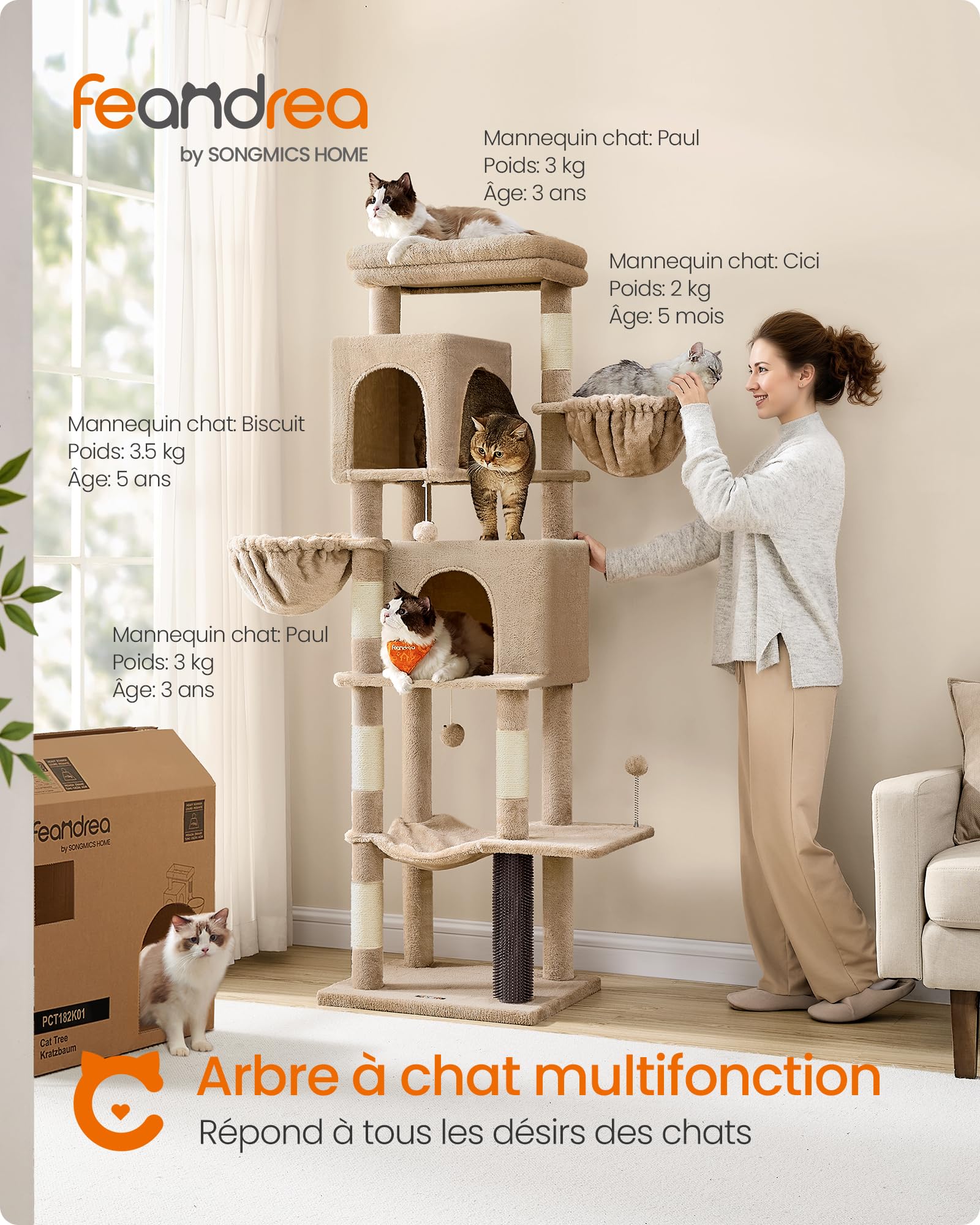 Feandrea Grand Arbre à Chat, Tour à Chat de 175 cm de Haut, Multi-Niveaux, avec 2 Niches, 2 Paniers, 5 Griffoirs, Toilettage Autonome, Perchoir, Hamac, Marron Camel PCT182K01