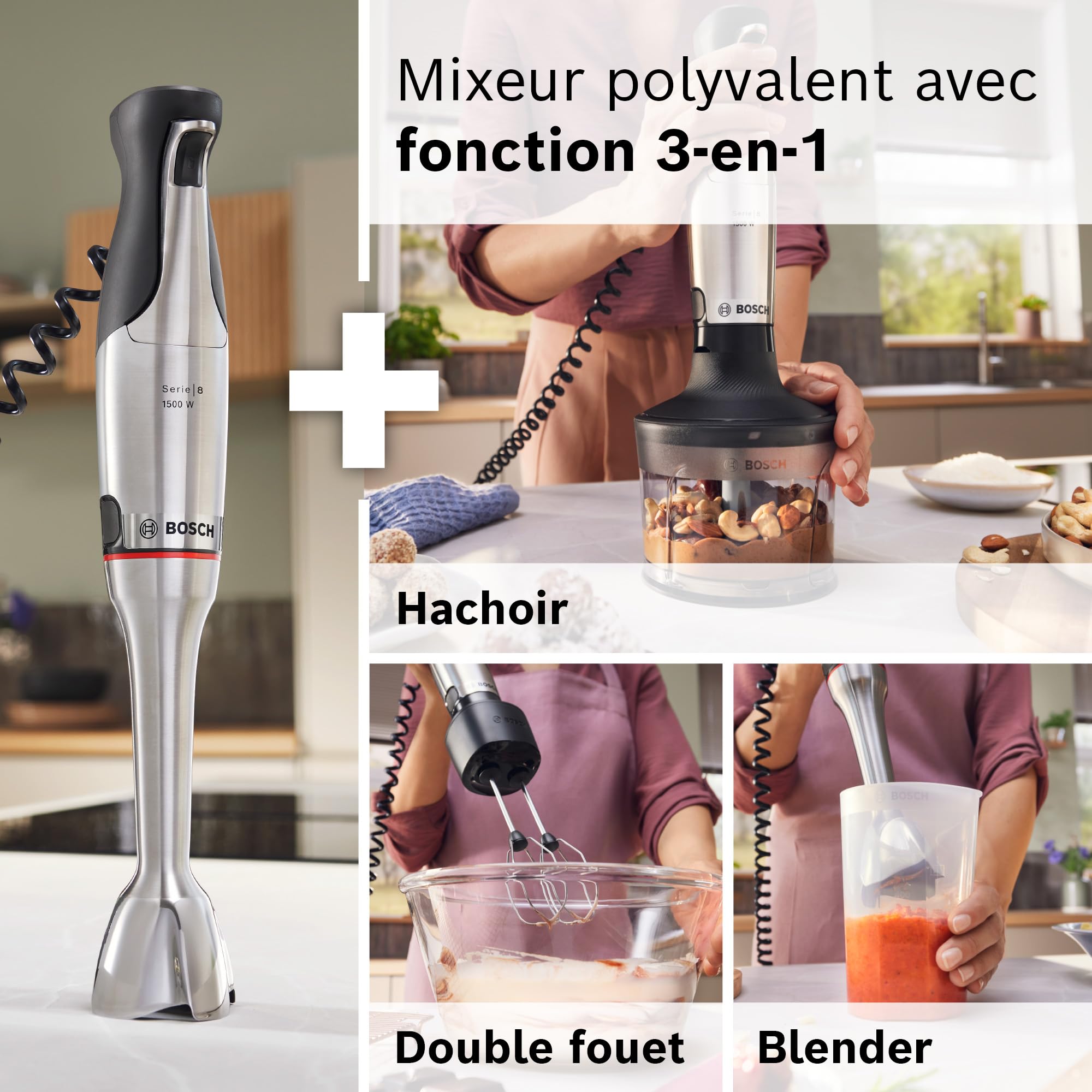 Bosch - Frullatore a mano, serie ErgoMaster 8, motore da 1500 watt, regolazione intuitiva della velocità, lama a 6 fogli, accessori inclusi, acciaio inossidabile, MSM8M934