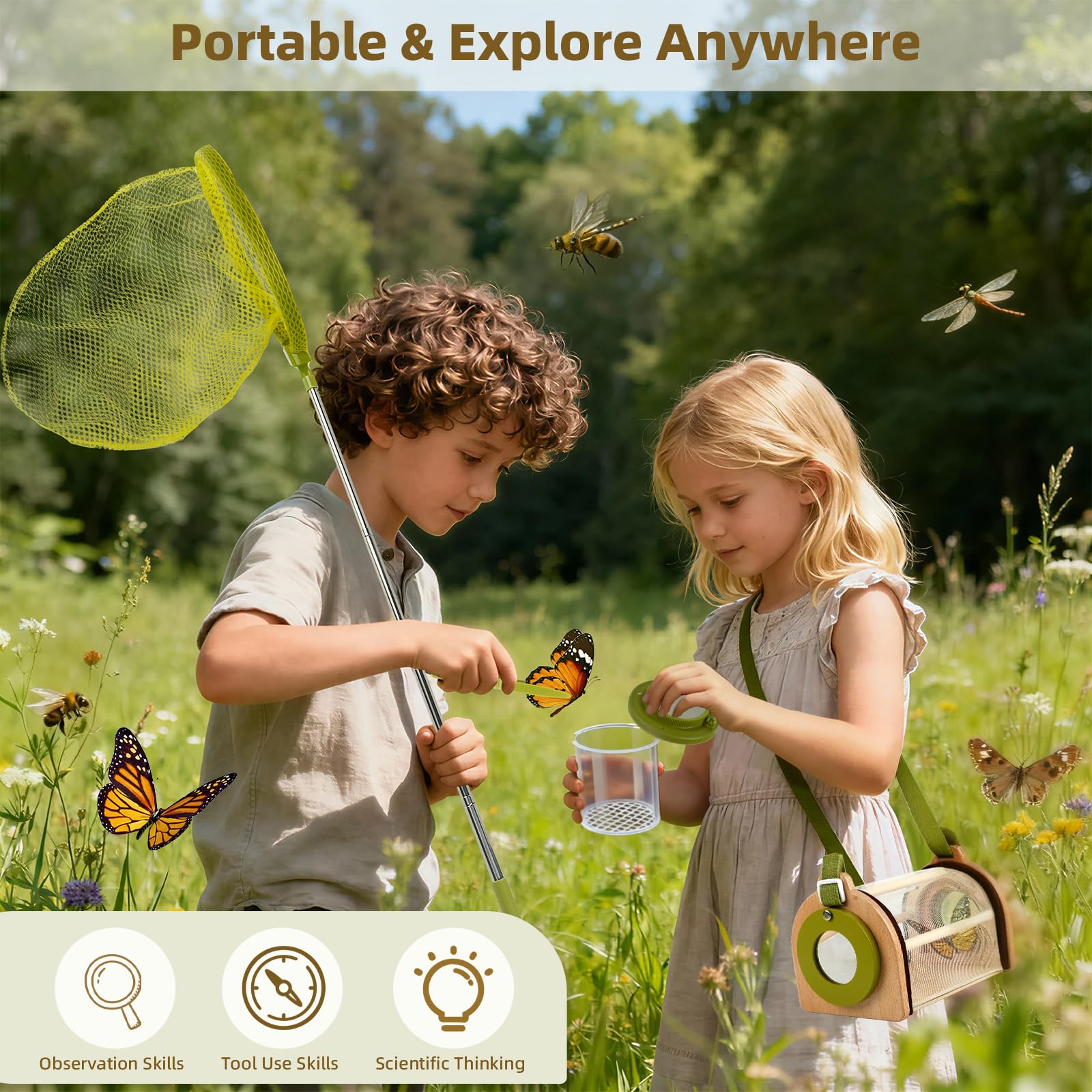 Bug Catcher Kit for Kids, Outdoor Explorer Toy Set with Butterfly Net, Wooden Magnifying Glass & Bug Container &Other Adventure Kit for Backyard Bugs Hunting and Camping Gifts for Boys Girls Age 3-12