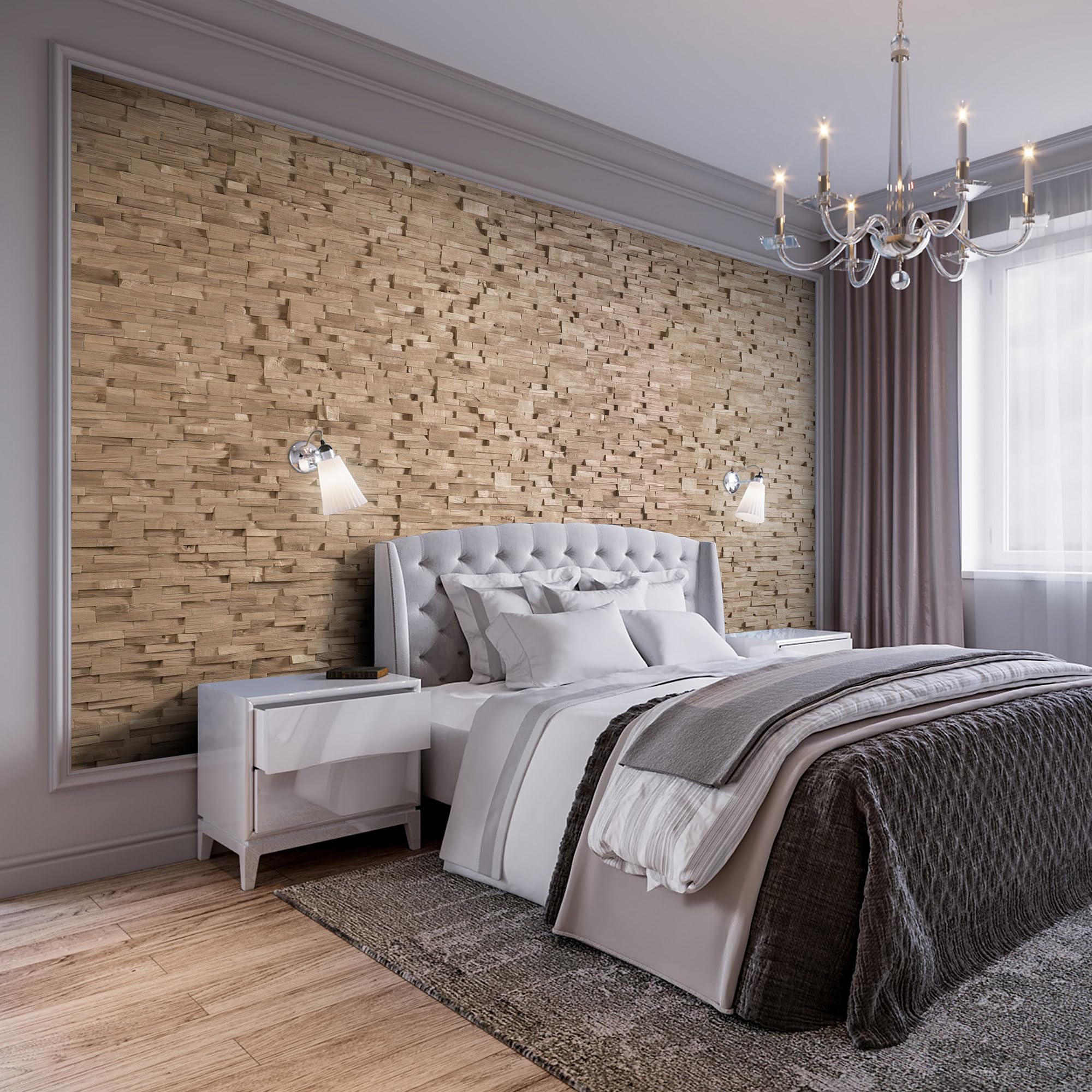 Drewniana okładzina ścienna o wyglądzie 3D, naturalne panele ścienne z drewna dębowego, dekoracja ścienna, drewniana okładzina, projekt ściany drewnianej według modelu Wooden Wall Design Deja vu (1 m²)
