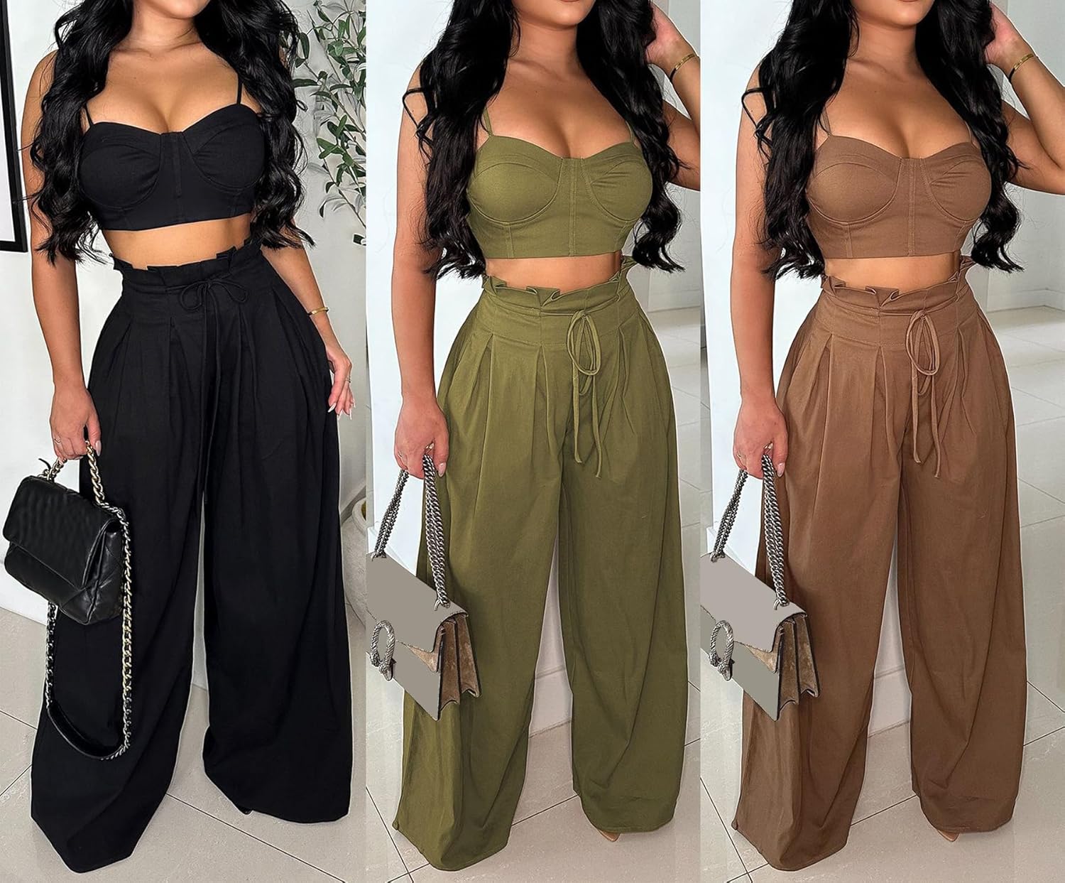 Molisry Women's 2 Piece Outfits Casual Spaghetti Strap Bra Top High Waisted Long Straight Wide Leg Pants Lounge Sets Fall - Image 5