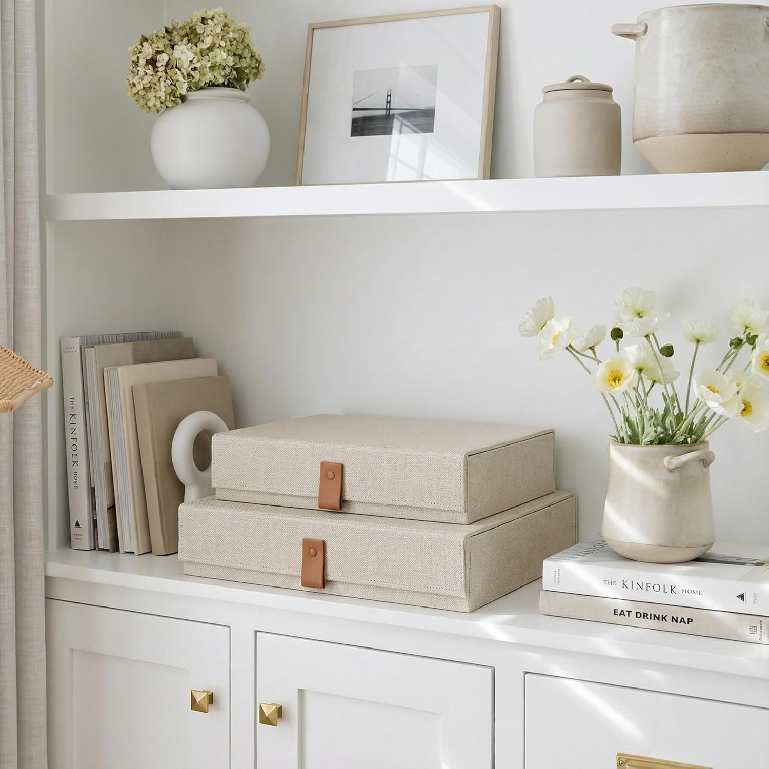 Decorative Photo Storage Boxes with Lids - Set of 2 Beautiful Linen Organizers Are Perfect to Safely Store Your Pictures, Documents, Scrapbooking Supplies, Keepsakes and Other Memories in Style