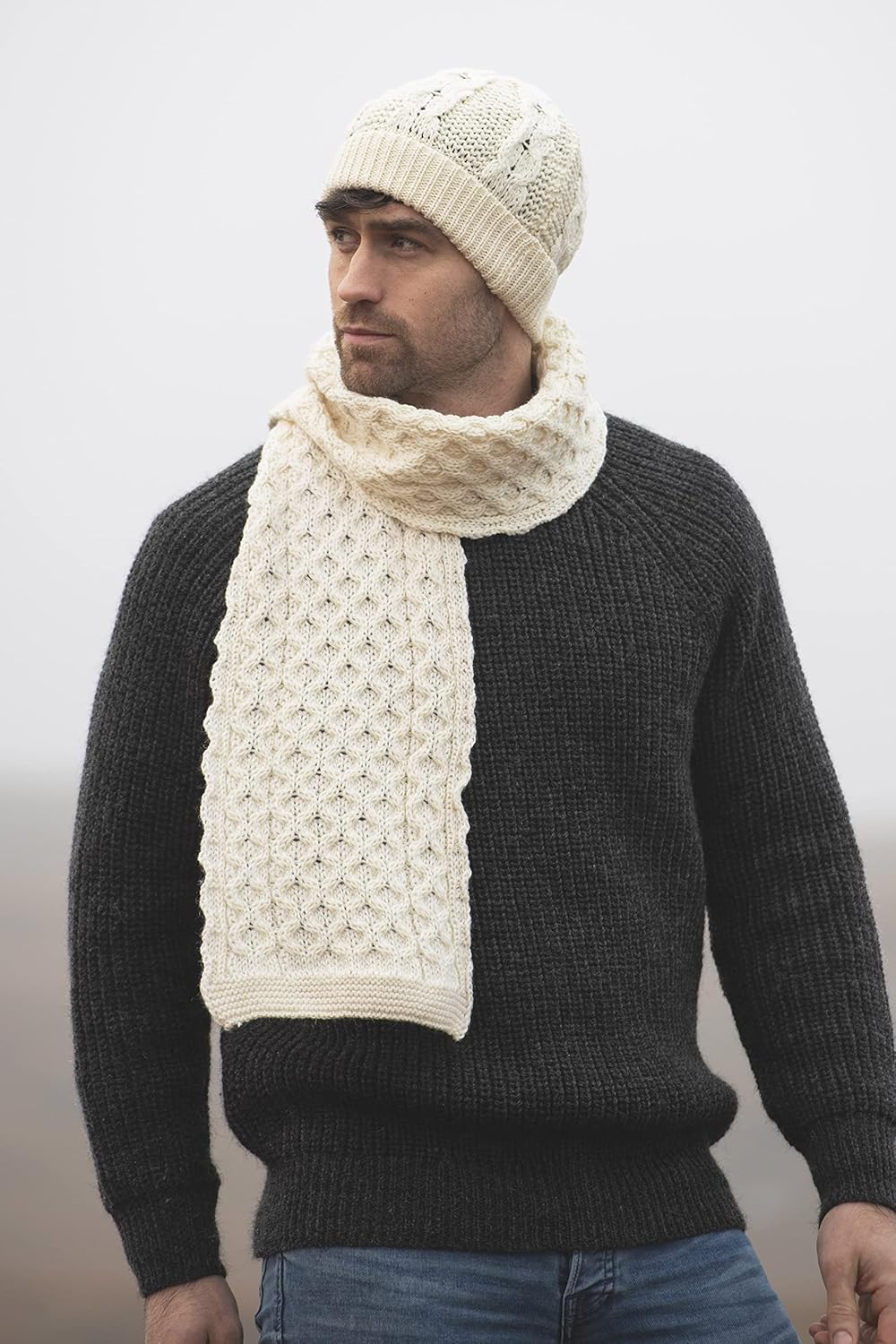 Aran Crafts One Size Irish Cable Knitted Honeycomb Scarf (100% Merino Wool) - Image 4