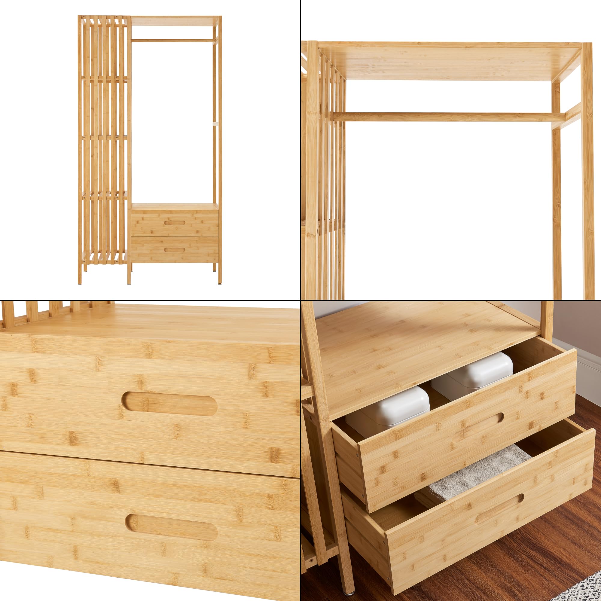 [en.casa] Perchero Burro con 2 Cajones y 4 Estantes Laterales de Rejilla Soporte de Ropa 185x100x45 cm Estilo Moderno Óptima Ventilación para Dormitorio Recibidor Oficina Bambú - Natural
