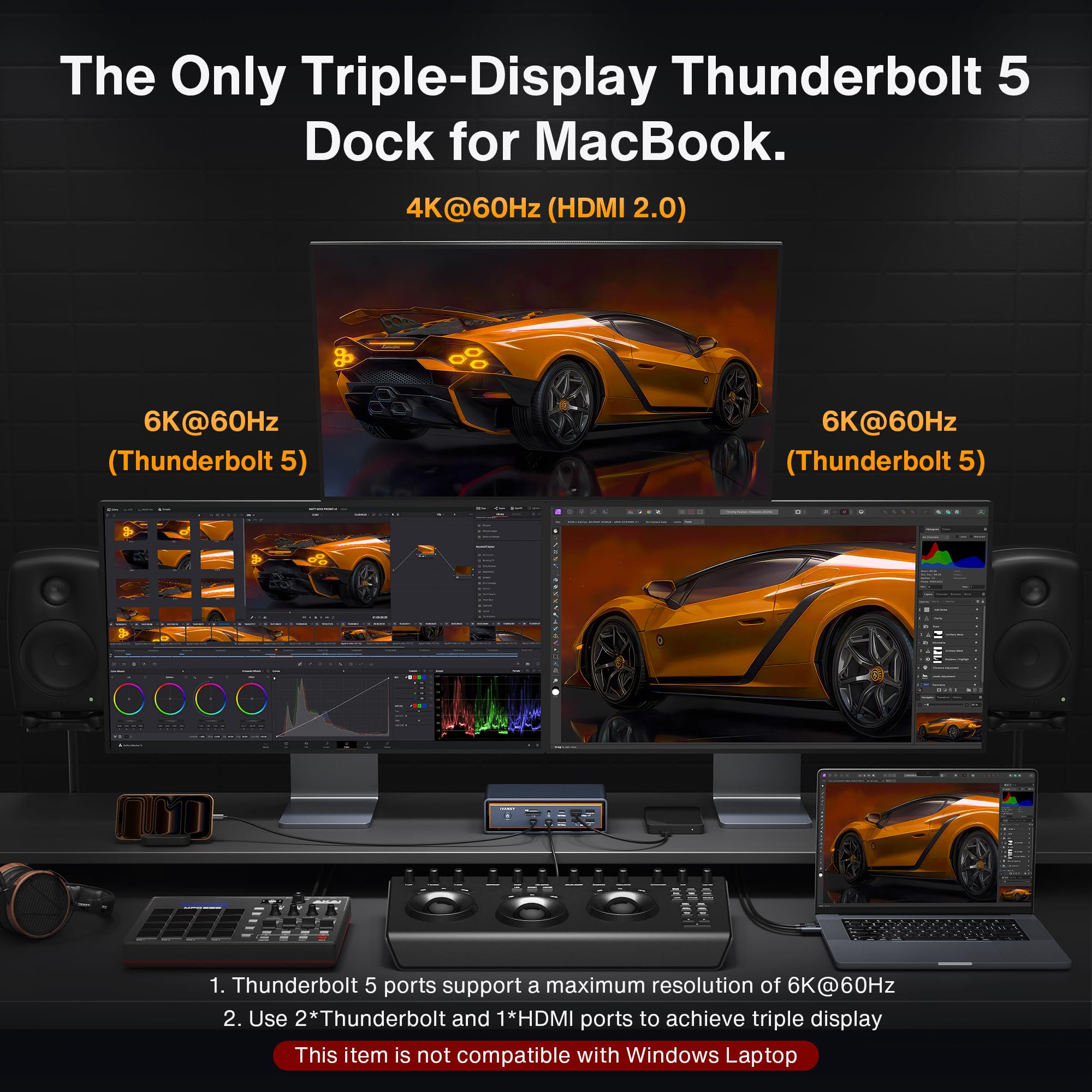 iVANKY 23-in-1 Intel-zertifiziertes Vertikaler Thunderbolt 5 FusionDock Max 2, Triple 6K@60Hz Monitor MacBook Docking Station, 2,5GbE, 140W PD, SD/TF 4.0, 120Gbps Dock für Mac M1/M2/M3/M4/M5 Pro/Max