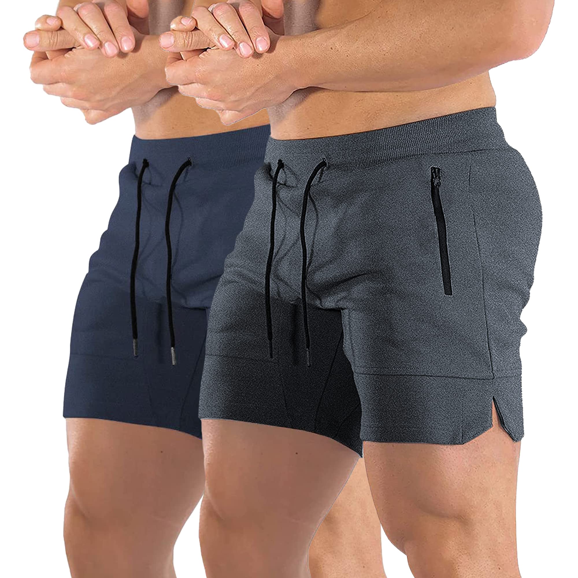 EVERWORTH Men's Solid Gym Workout Shorts Bodybuilding Running Fitted Training Jogging Short Pants with Zipper Pocket 3 Colors