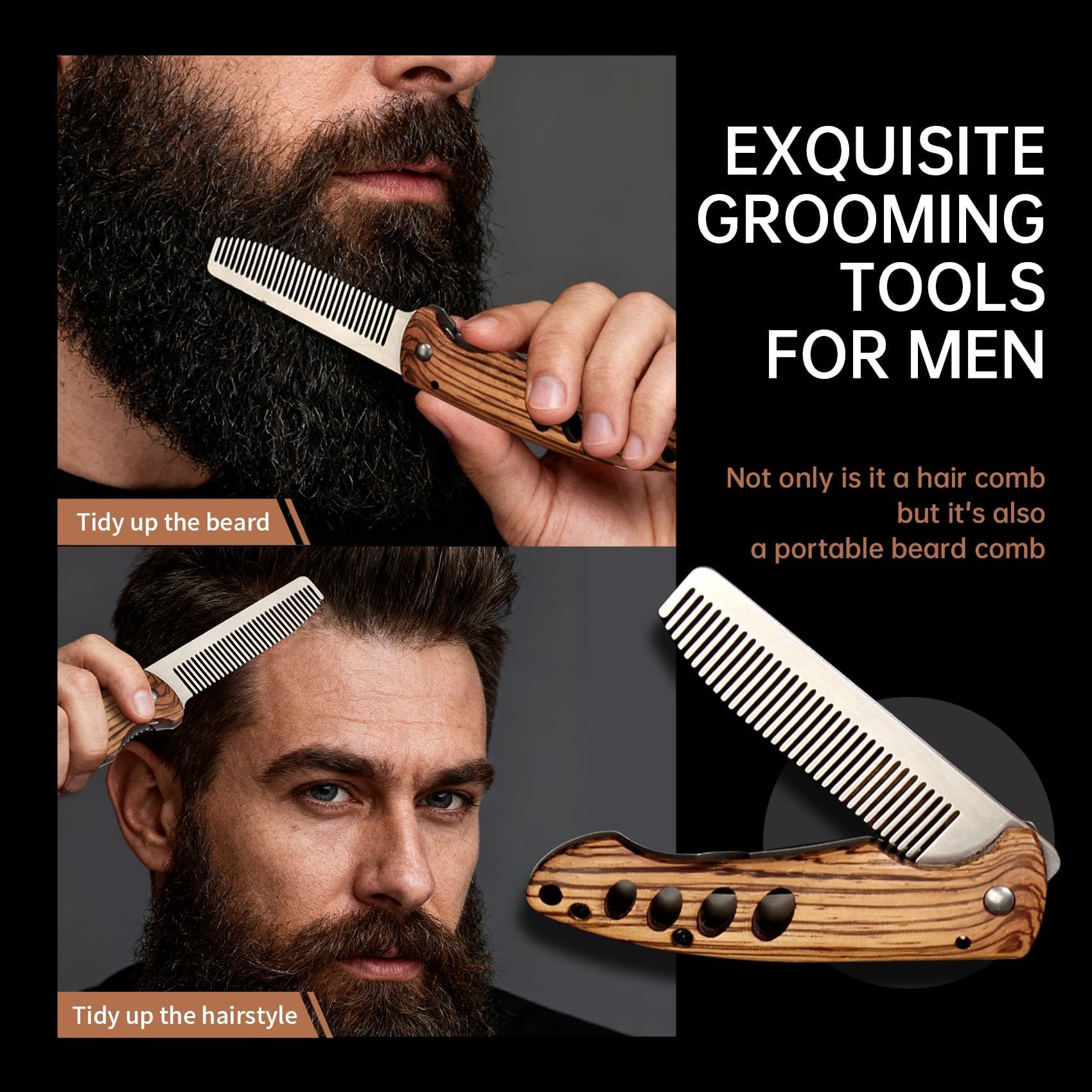 1 Pezzi pettine barba uomo pieghevole in legno e acciaio inox, accessorio da viaggio per barba baffi, modello tascabile per capelli e cura quotidiana maschile, design portatile per uso casa e viaggio