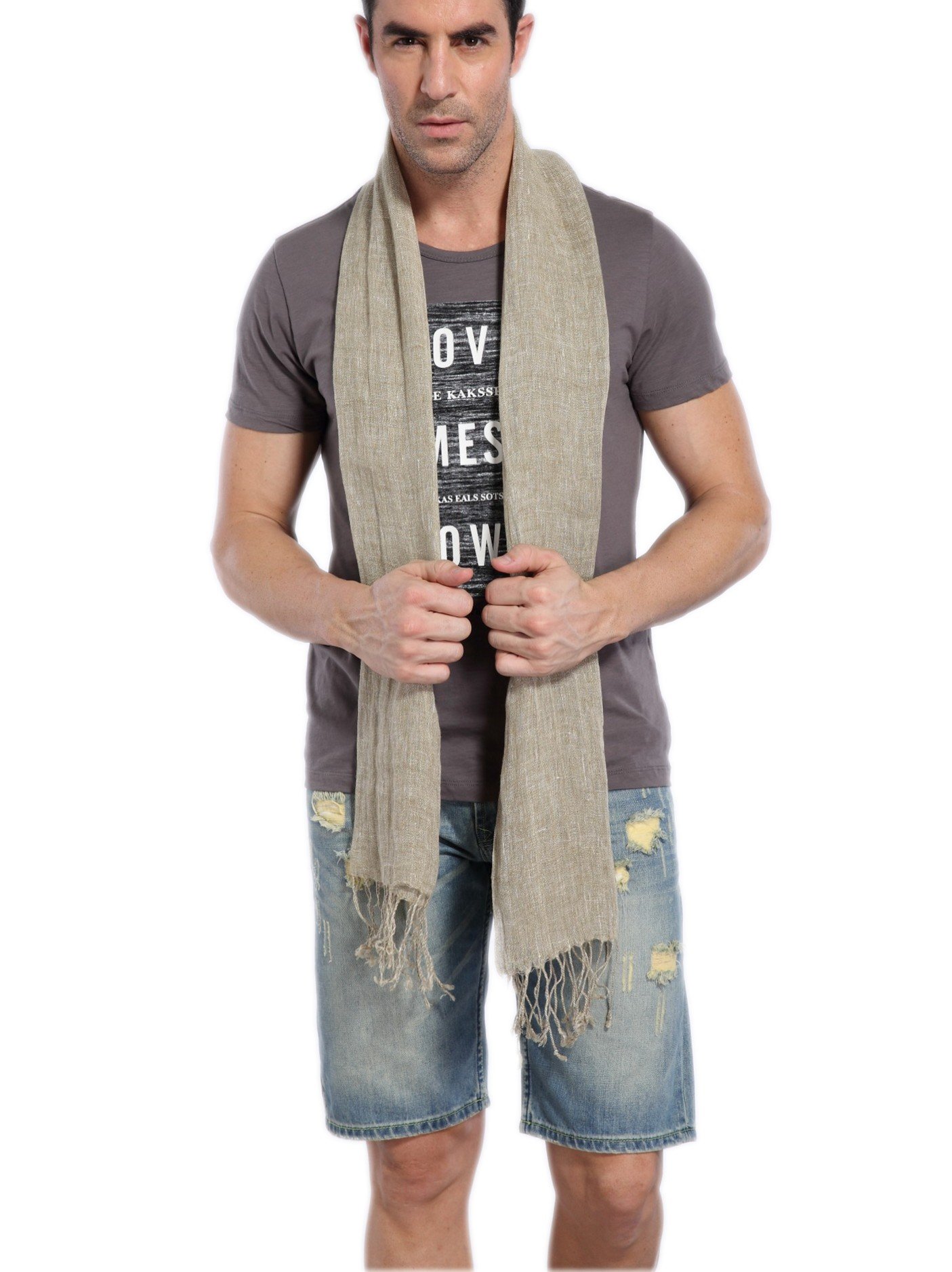 Prettystern Men's T37 Green Light Beige Long Plain Uni-Colour Summer Casual Leisure Fringed Linen Scarf