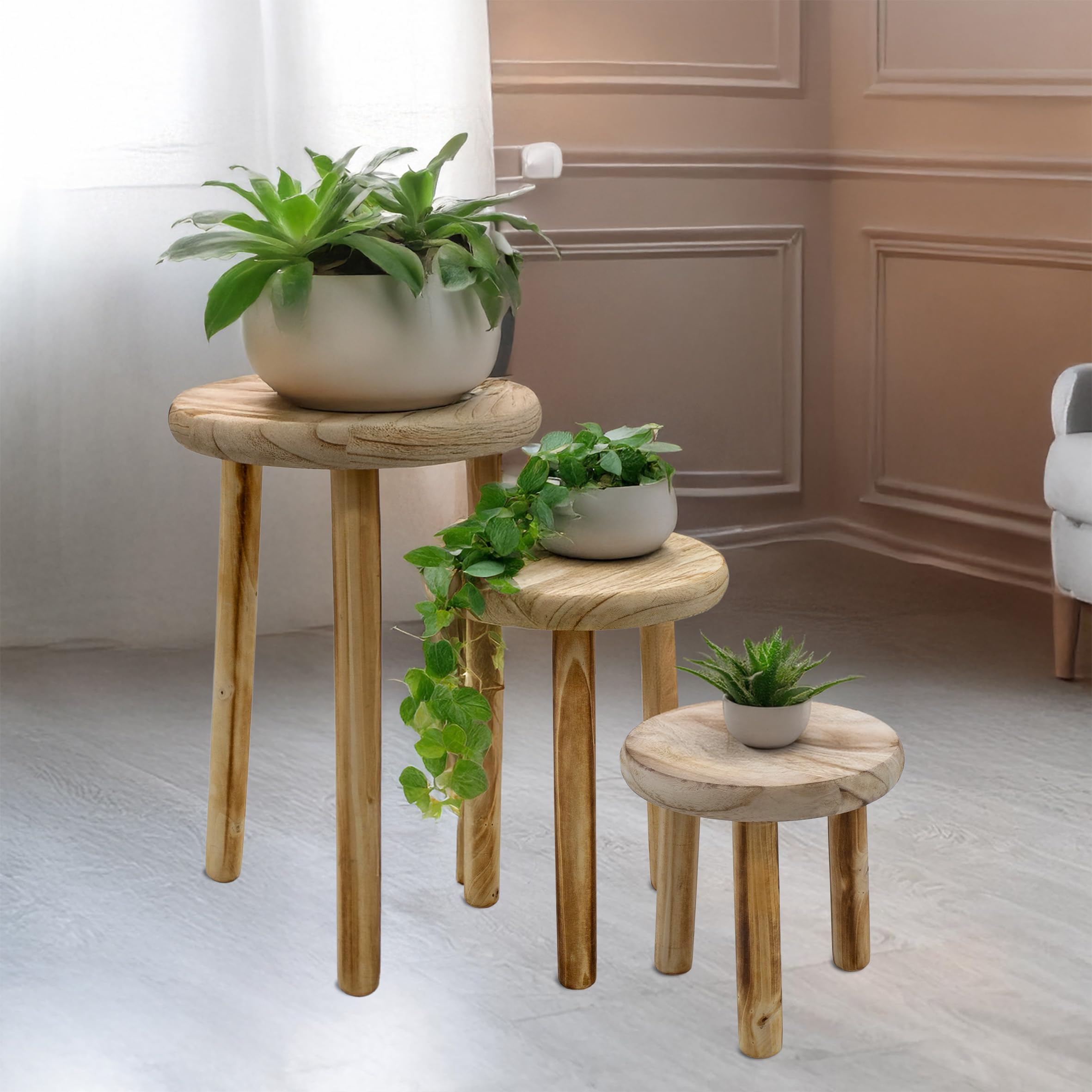 Set di 3 sgabelli in legno con 3 gambe fiammate, 20 / 23 / 25 cm, in legno massello decorativo, rotondi, piccoli in look usato, per piante da appartamento
